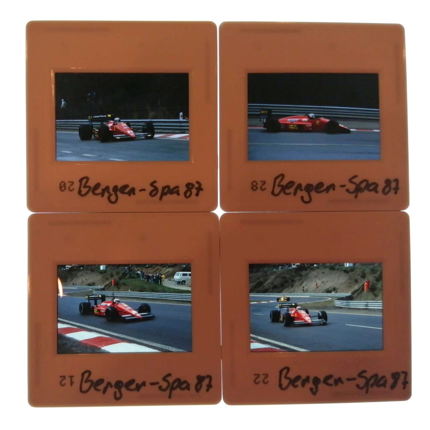 4 Stück alte Presse Foto DIAs, Gerhard Berger, Ferrari, Formel 1 Grand Prix Belgien Spa-Francorchamps 1987, 5x5cm