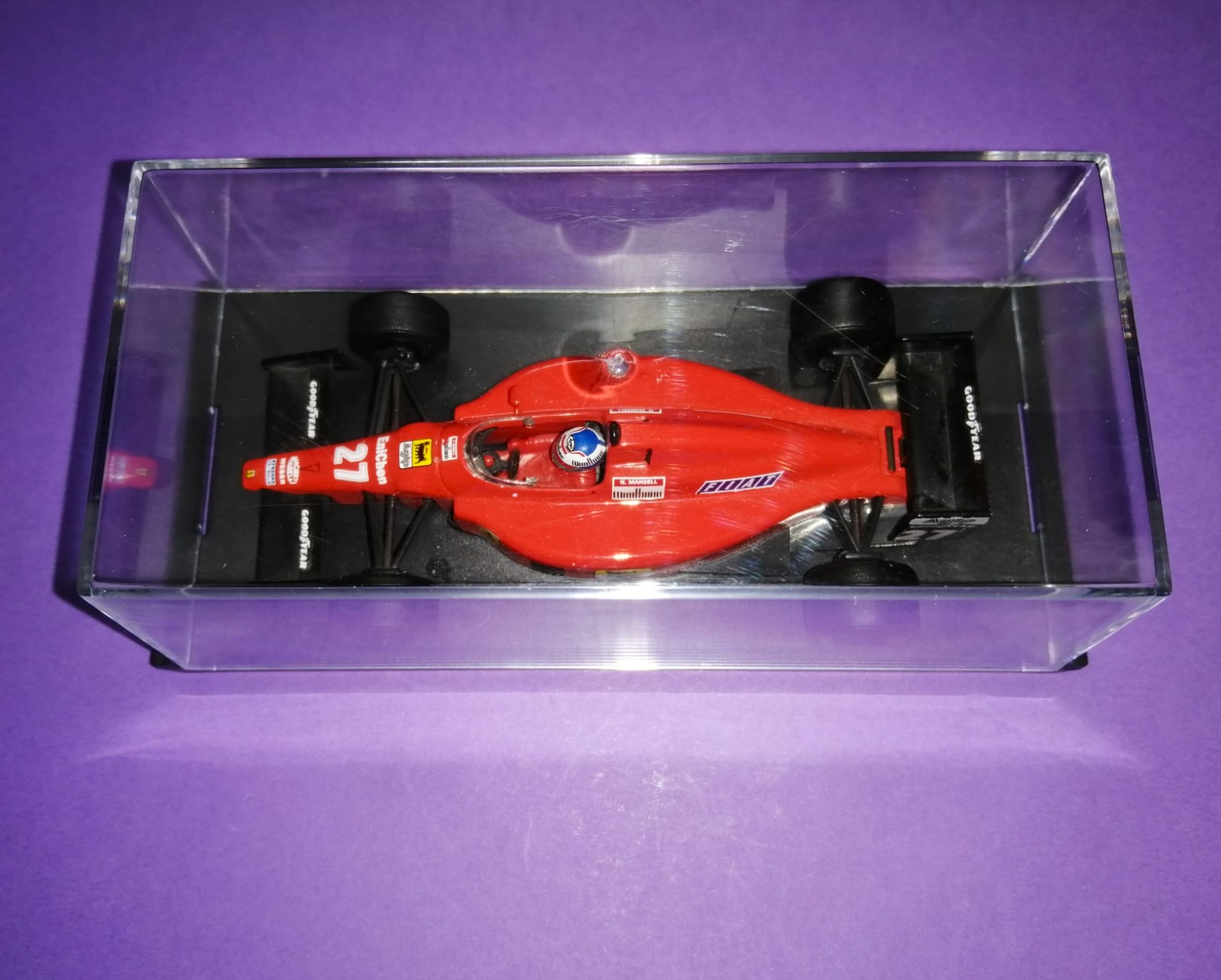 altes Modellauto 1:43, Nigel Mansell, Ferrari 640, Formel 1 Grand Prix 1989, In Plexiglasbox.