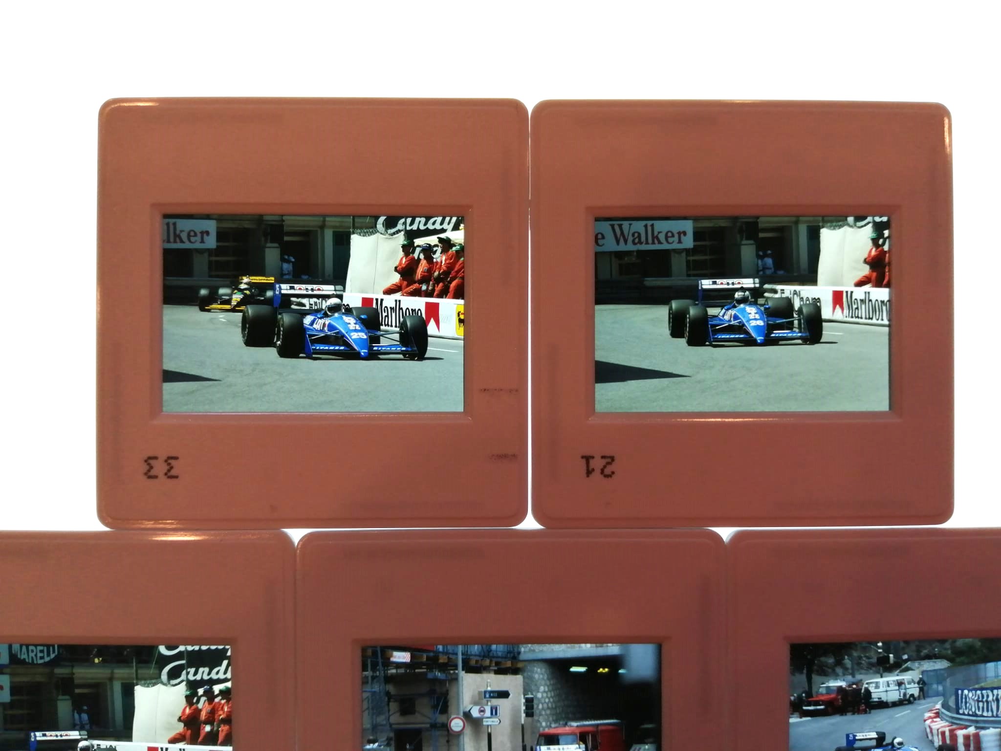 8 Stück alte Presse Foto DIAs, Rene Arnoux, Stefan Johansson, Ligier Judd, Formel 1 Grand Prix Monaco 1988, 5x5cm