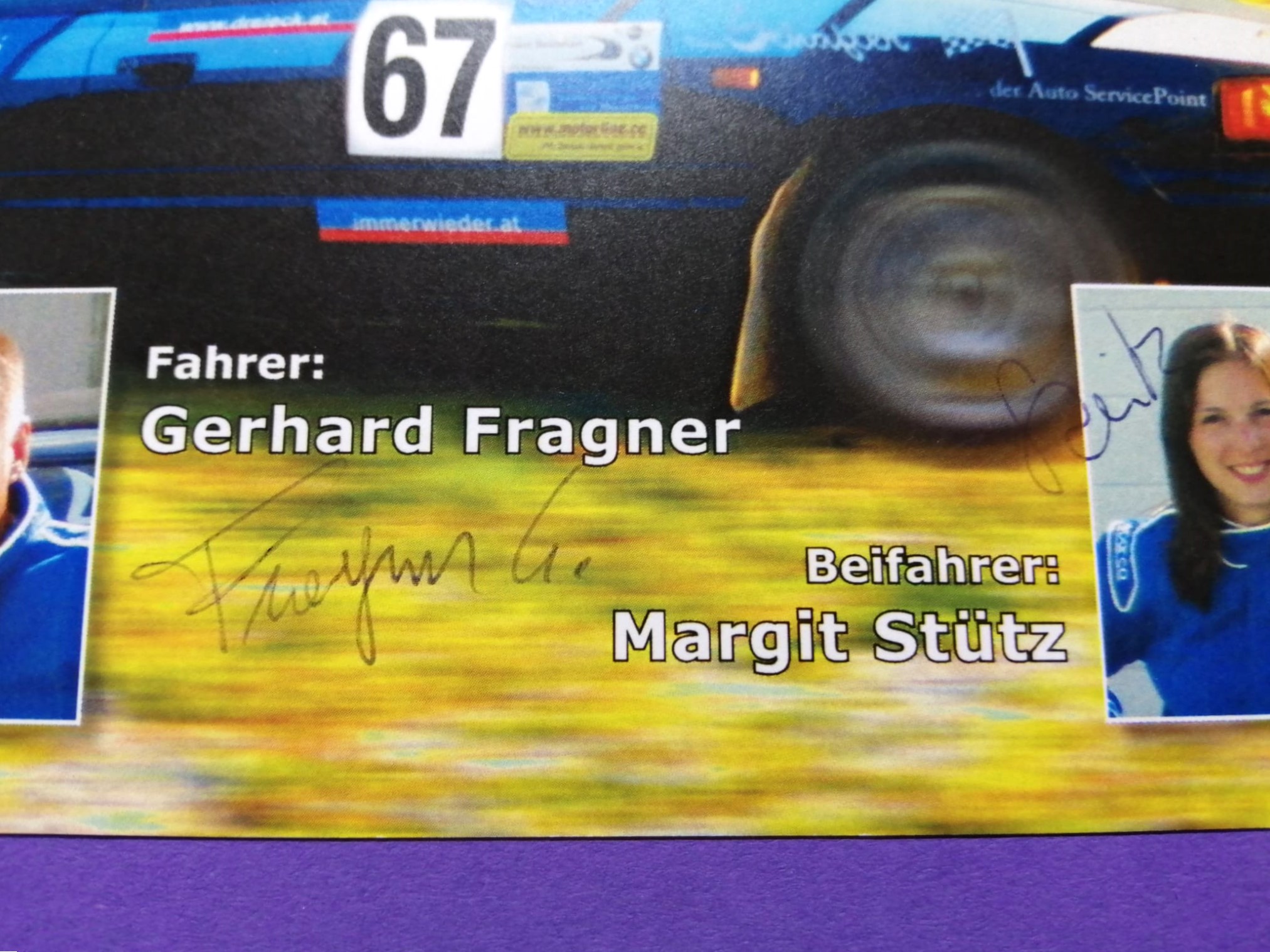 2 Original Autogramme, Gerhard Fragner, Margit Stütz, Mazda 323 BG Turbo 4WD, Rallye Österreich, Karte 10x15cm