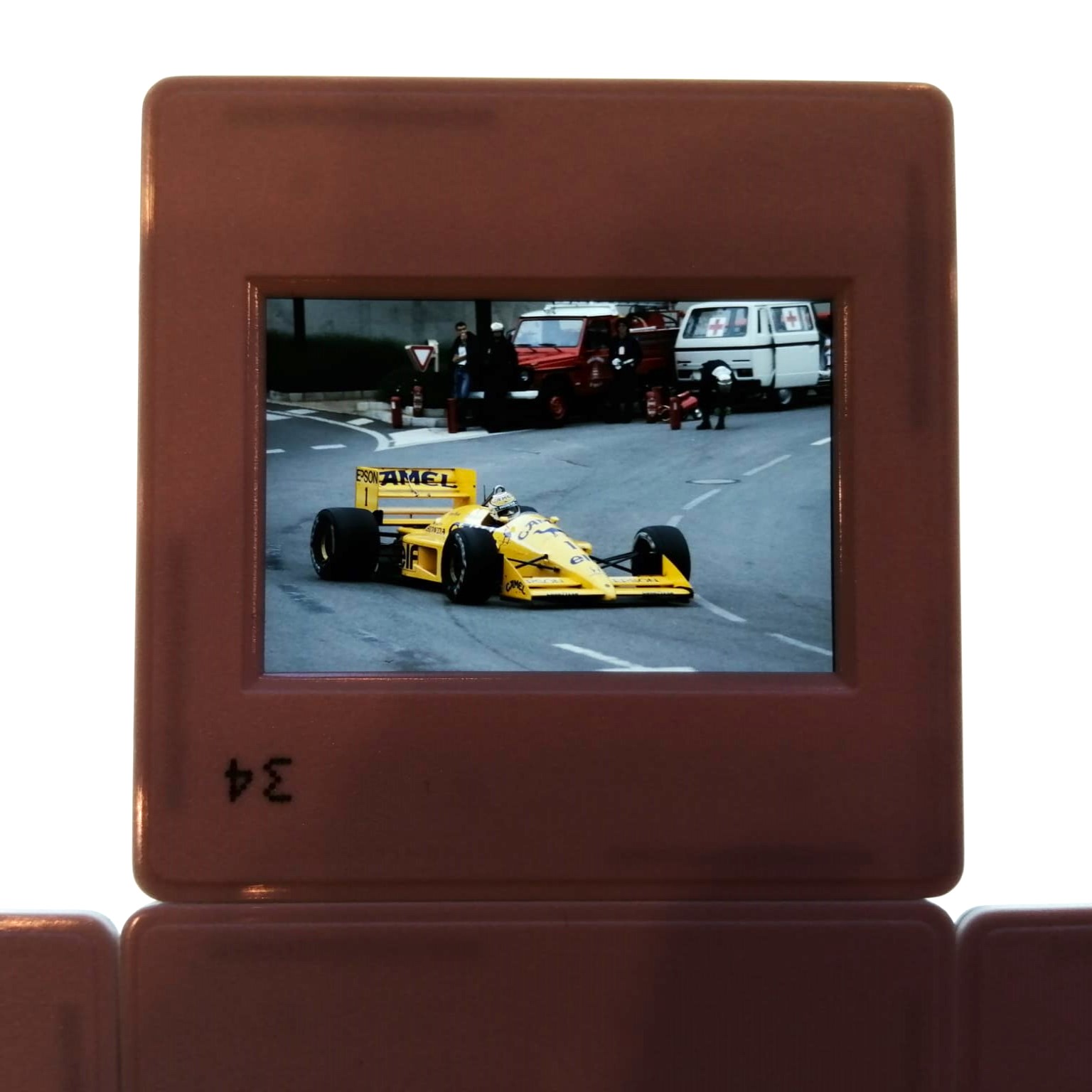 7 Stück alte Presse Foto DIAs, Nelson Piquet, Camel Lotus Honda, Formel 1 Grand Prix Monaco 1988, 5x5cm