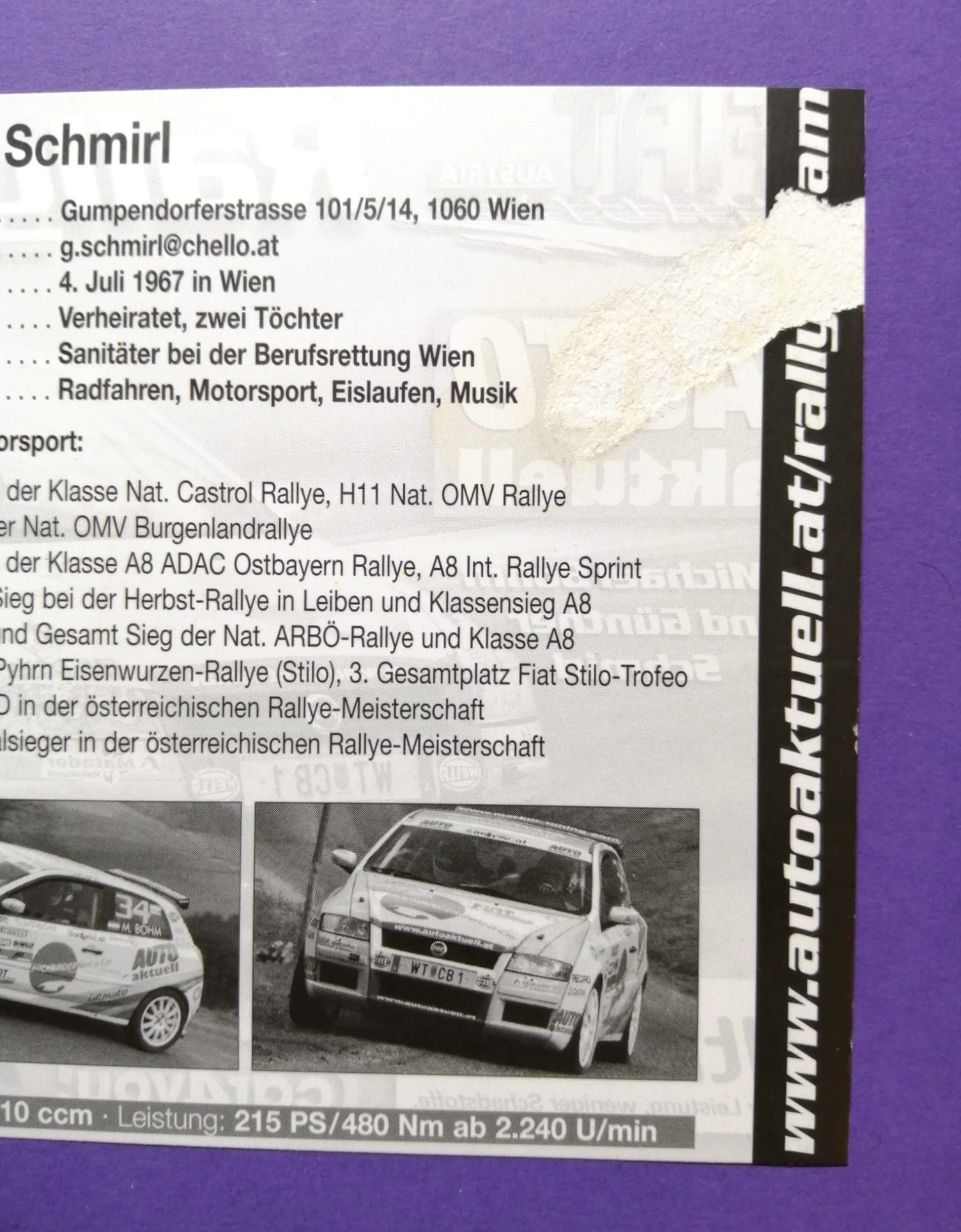 alte Autogrammkarte, Michael Böhm, Günther Schmirl, Fiat Stilo Diesel, Rallye Österreich, 10x20cm