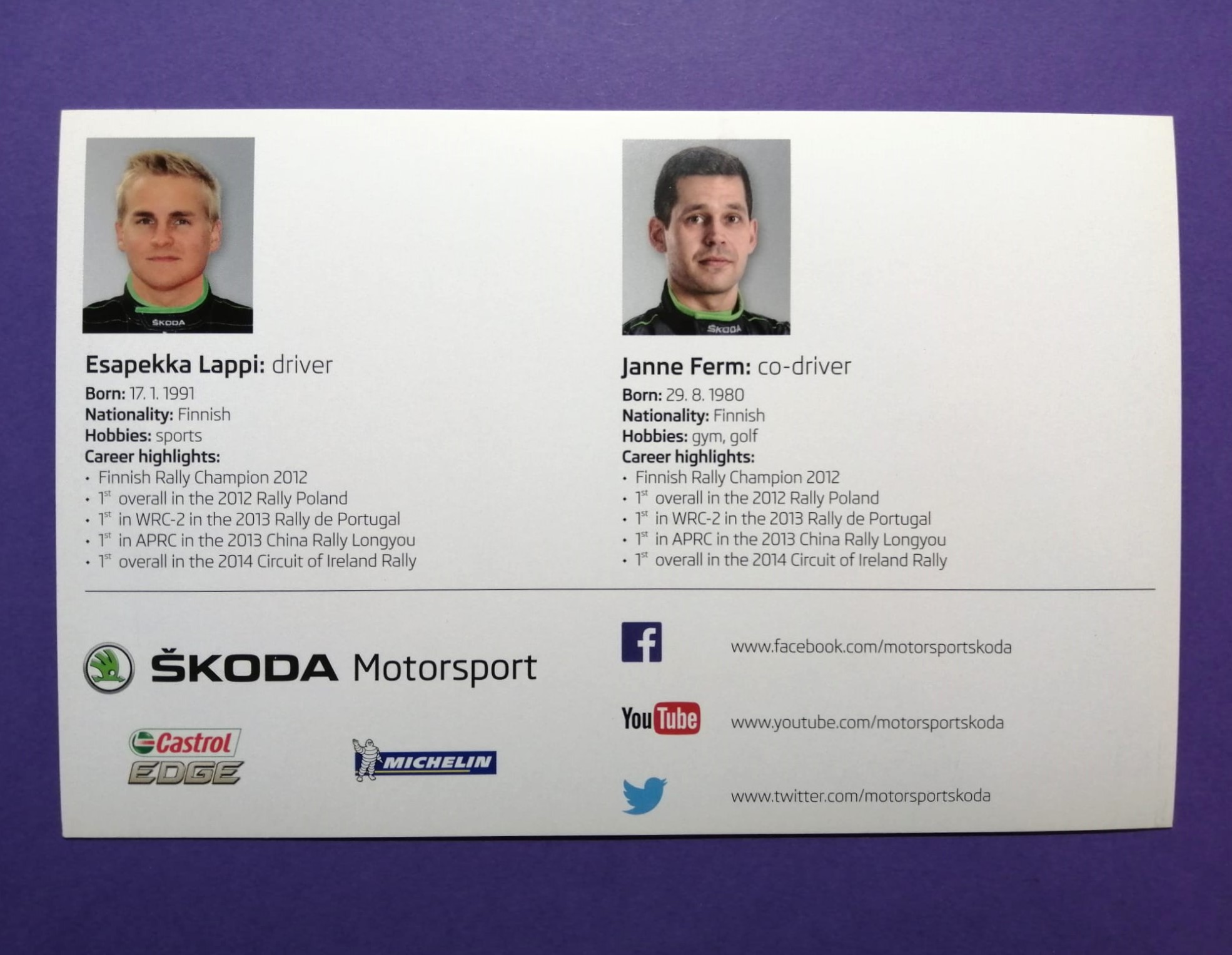 Autogrammkarte, Esapekka Lappi, Janne Ferm, Skoda Fabia Super 2000 WRC Rallye, 2010er Jahre, 13x20cm