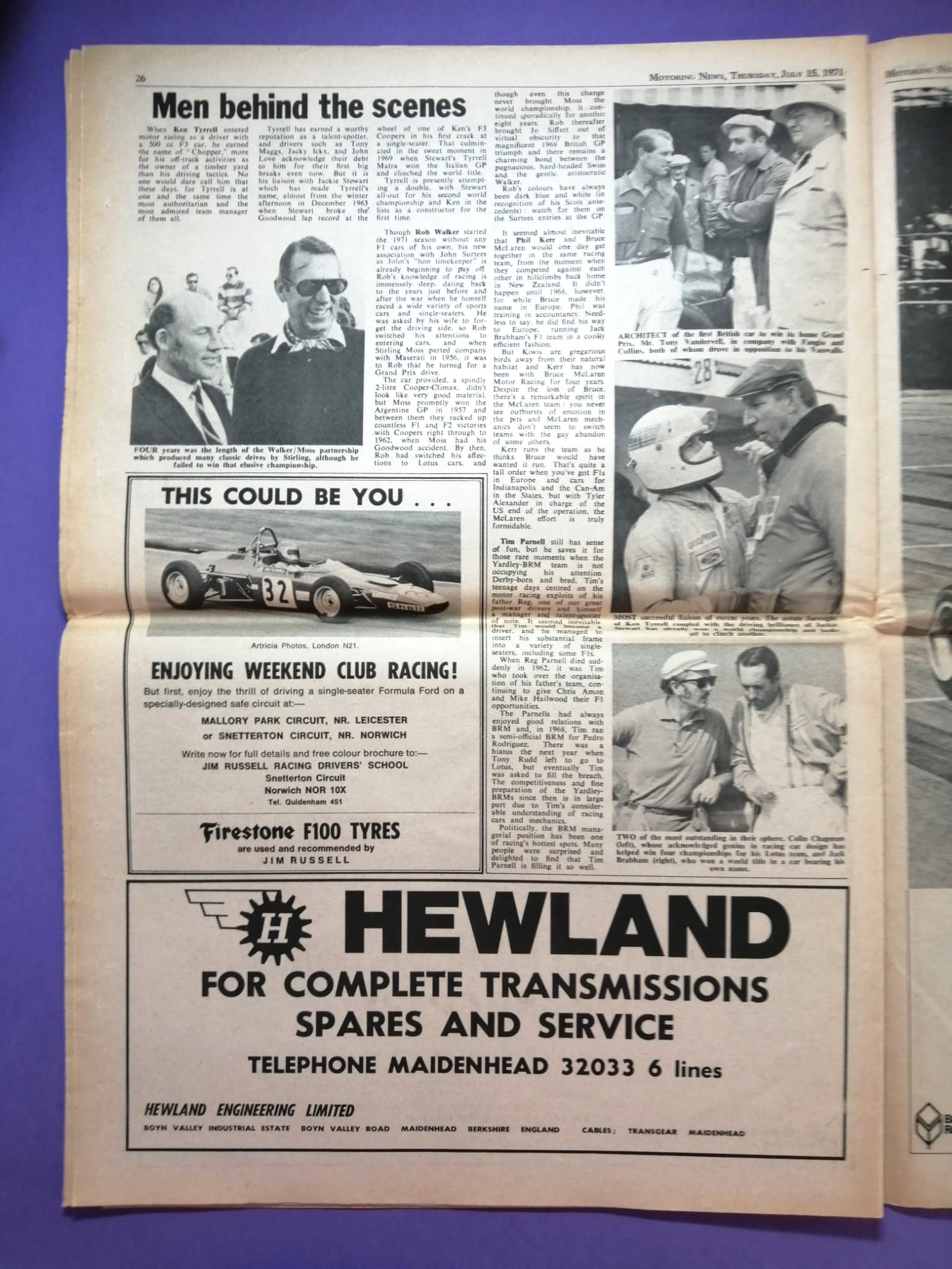 RARITÄT! alte Zeitung, Motoring News, 15. Juli 1971, Cevert, Hill, Siffert, Peterson, Stewart, BRM, Tyrrell, Formel 1 Grand Prix,.. Englisch
