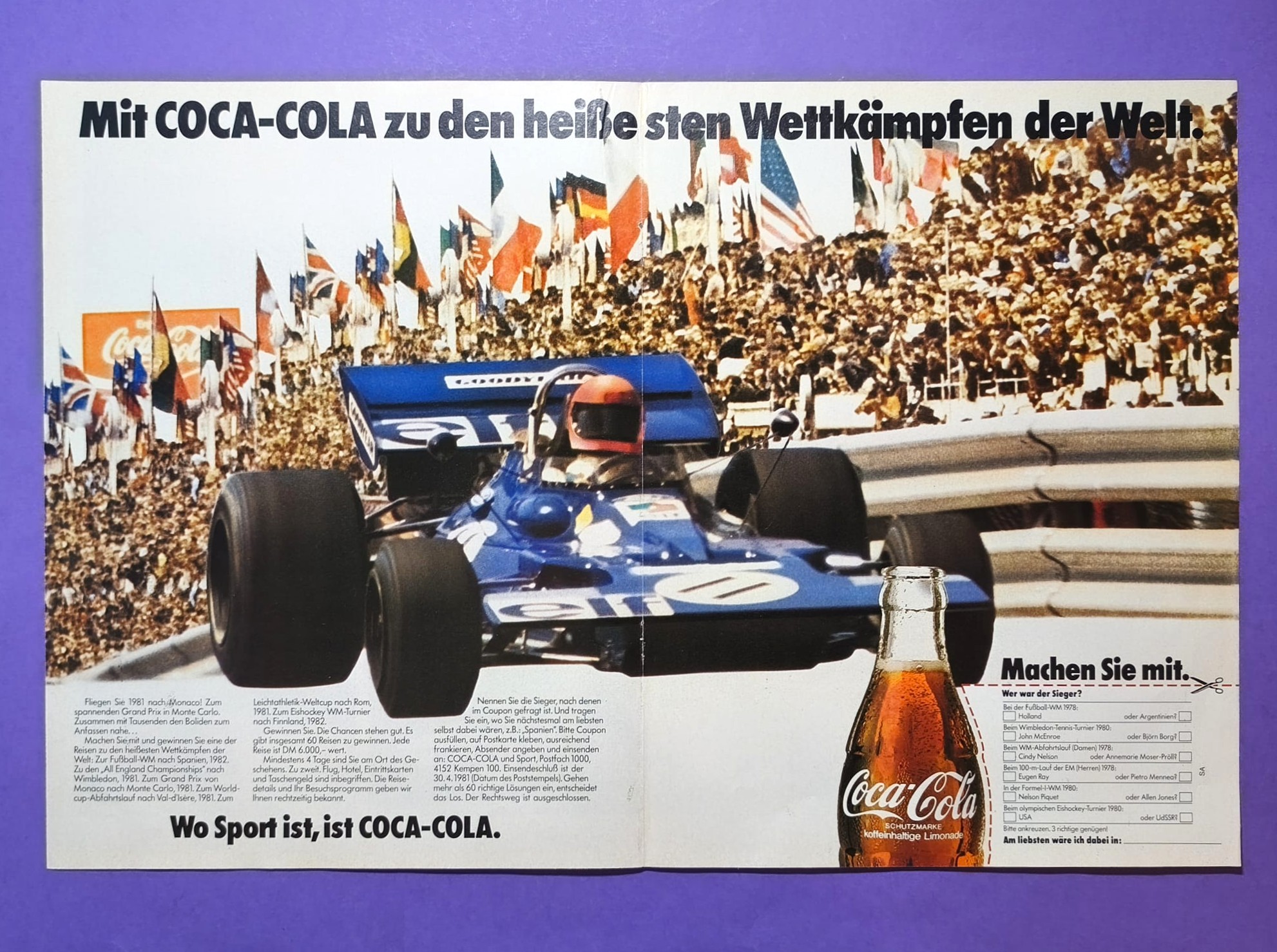 altes Coca Cola Werbe Poster, Tyrrell Formel 1 Grand Prix, 28x42cm