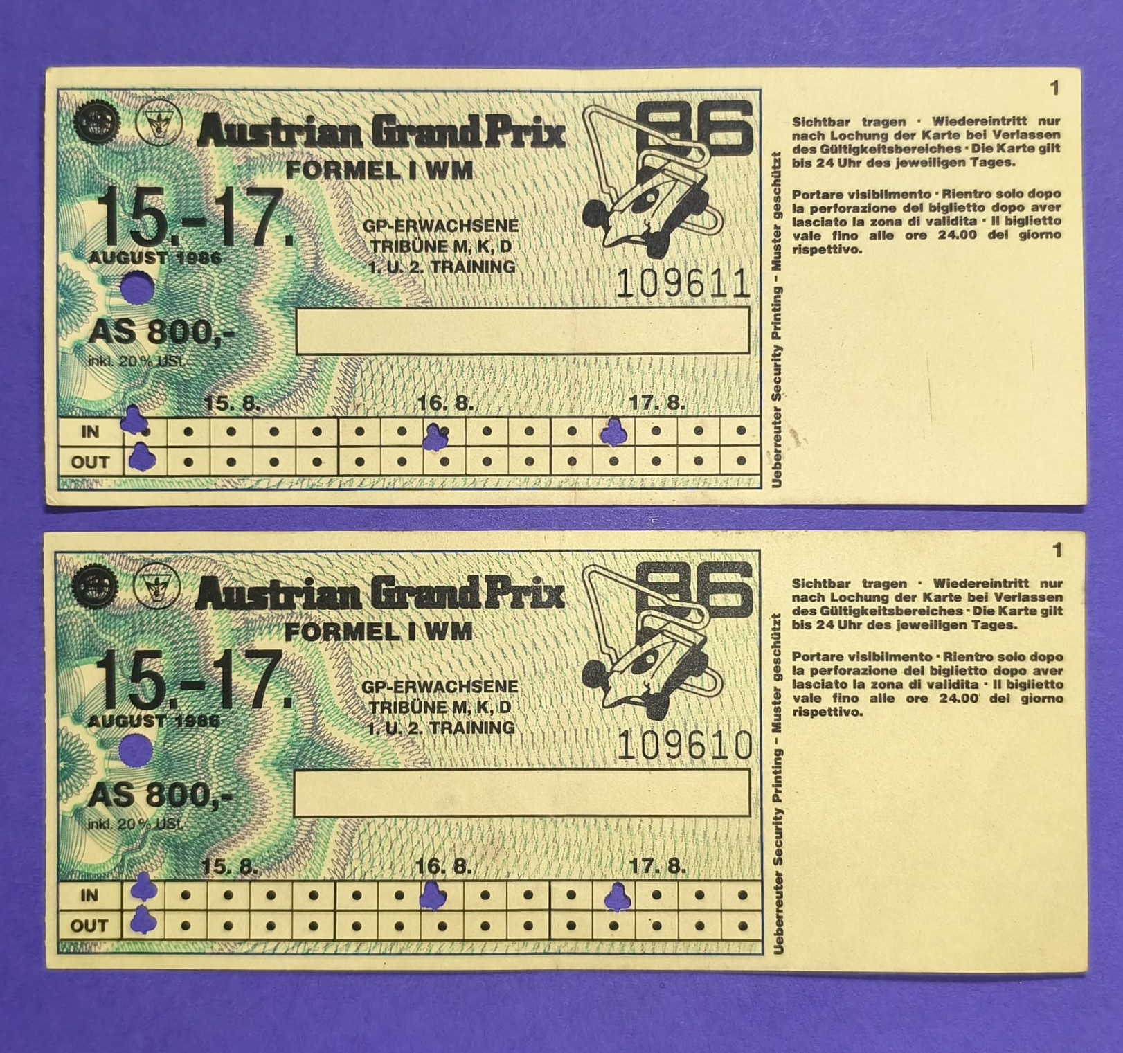 RARITÄT! 2 Stück alte Eintrittskarten Tickets, Formel 1 Grand Prix Österreichring 1986, 1. u. 2. Training, 7x17cm