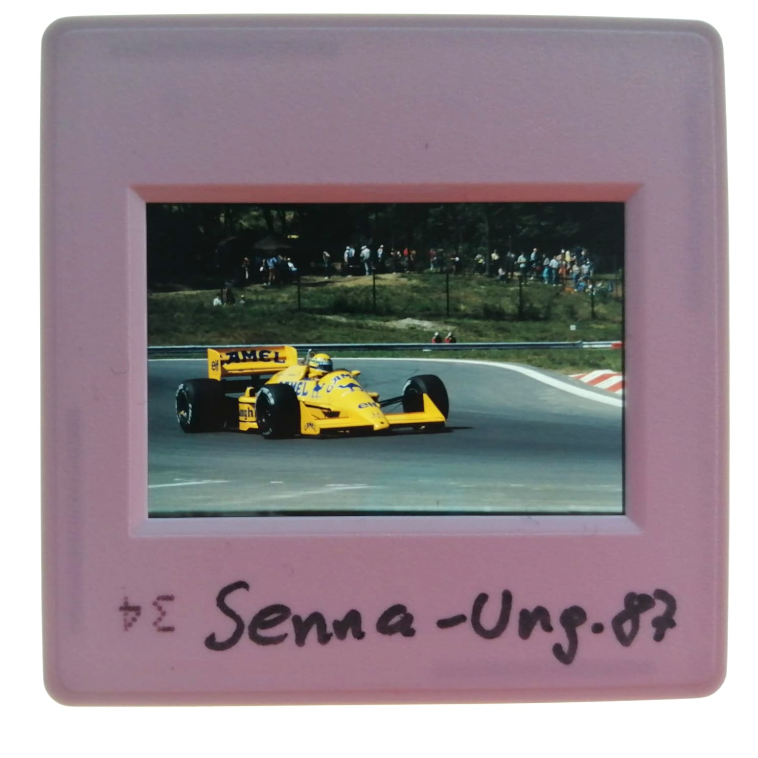 altes Presse Foto DIA, Ayrton Senna, Camel Lotus Honda, Formel 1 Grand Prix Ungarn Hungaroring Budapest 1987, 5x5cm 