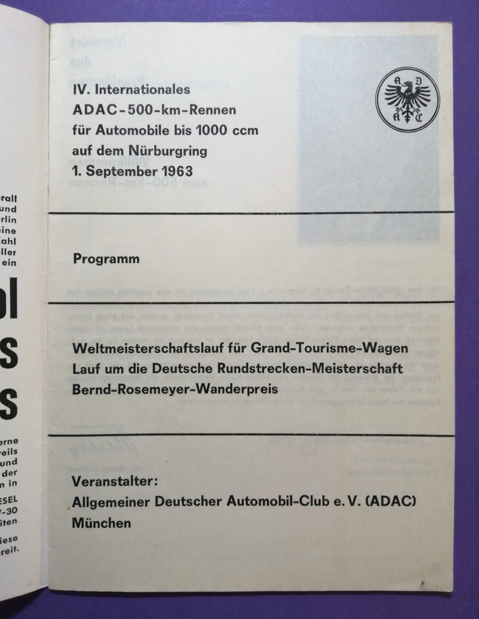 RARITÄT! altes Rennprogramm, 500km Rennen Nürburgring 1963, Grand Tourisme WM, DRM, Abarth, DKW, NSU,..