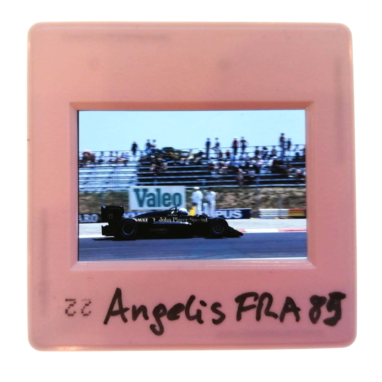 altes Presse Foto DIA, Elio de Angelis, John Player Lotus, Formel 1 Grand Prix Frankreich Le Castellet Paul Ricard 1985, 5x5cm