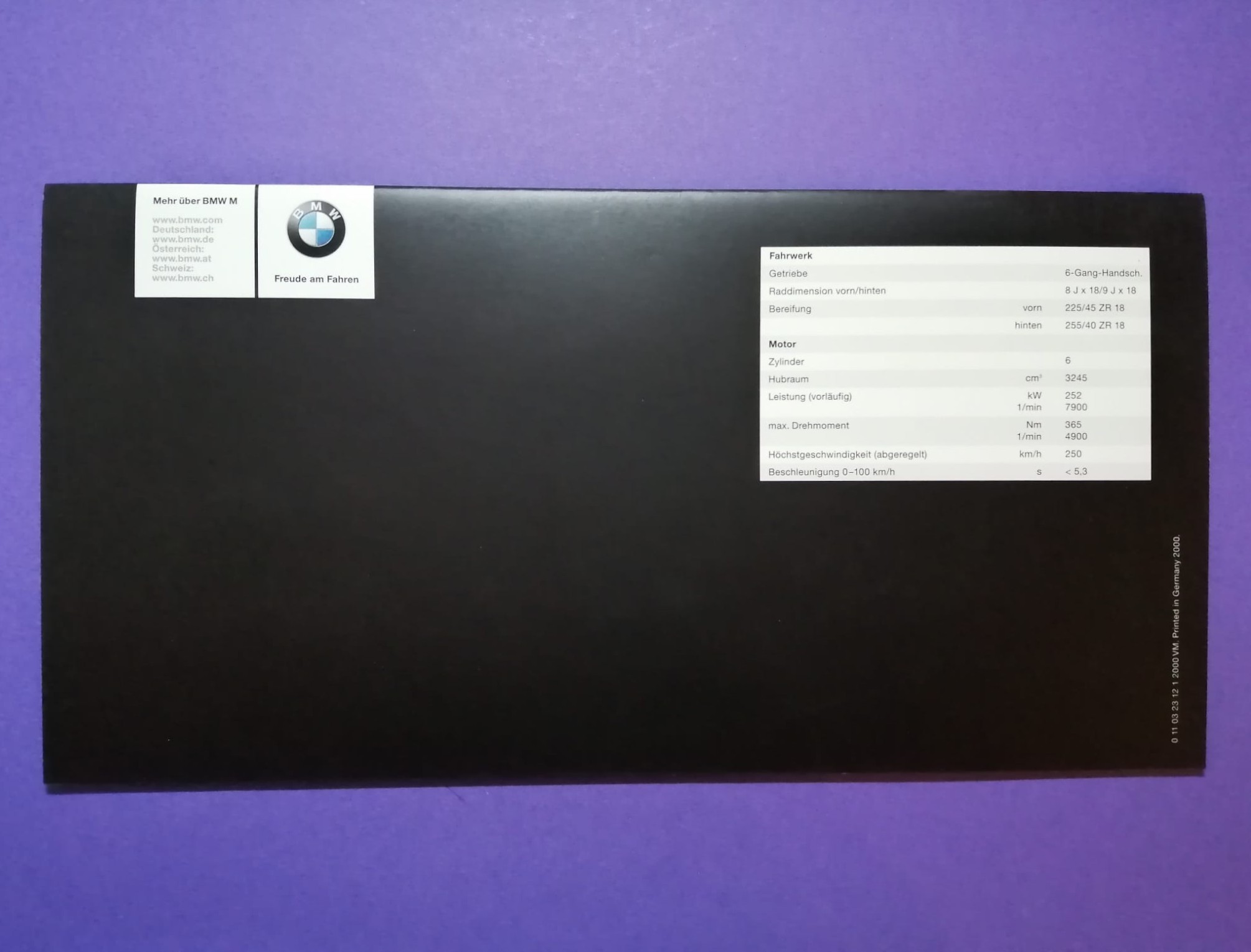 altes Original Autoprospekt, BMW M3 E46, aus dem Jahr 2000