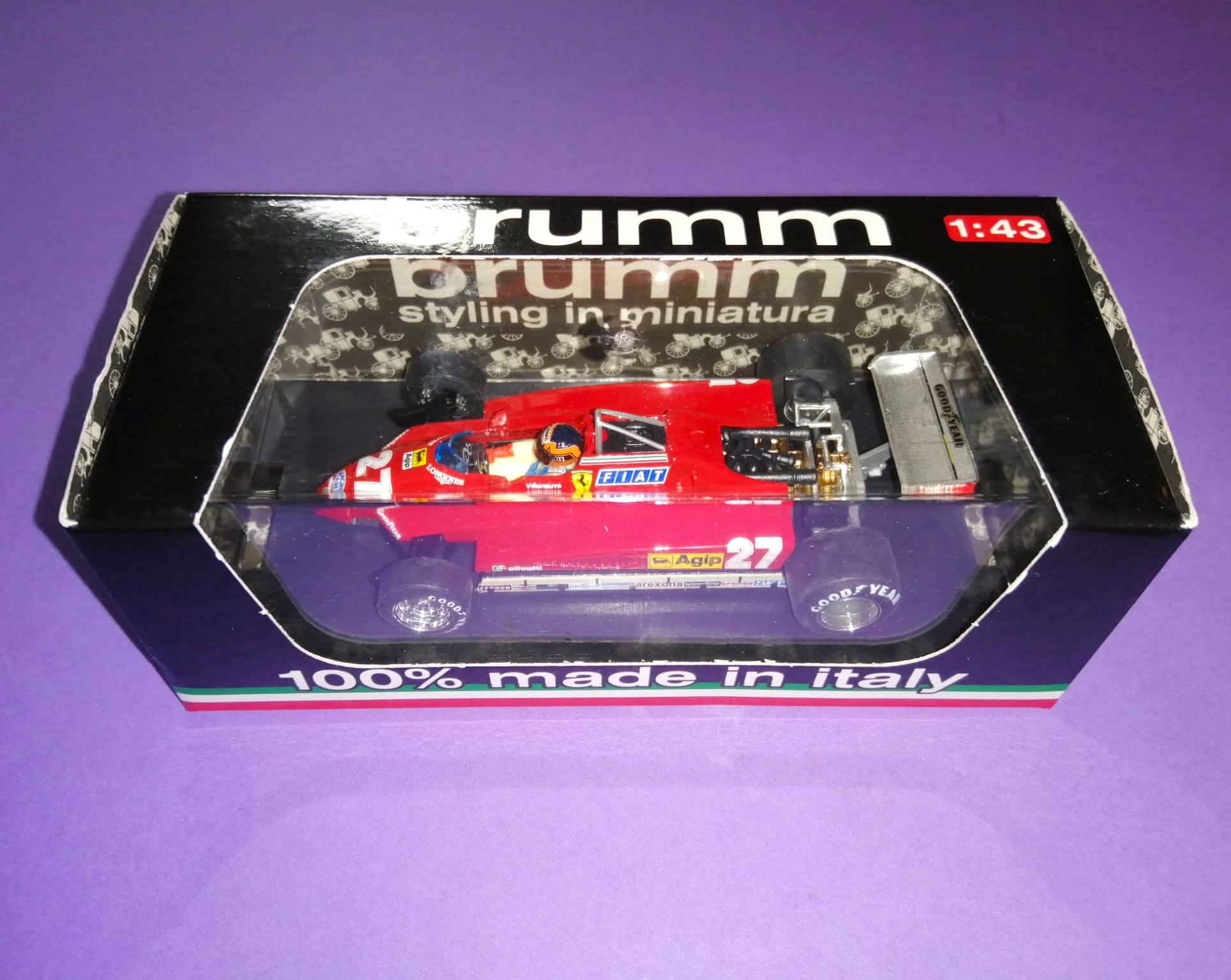 BRUMM Modellauto 1:43, Gilles Villeneuve, Ferrari 126C Turbo, Formel 1 Grand Prix San Marino Imola 1982, In Original Plexiglasbox und Kartonhülle.