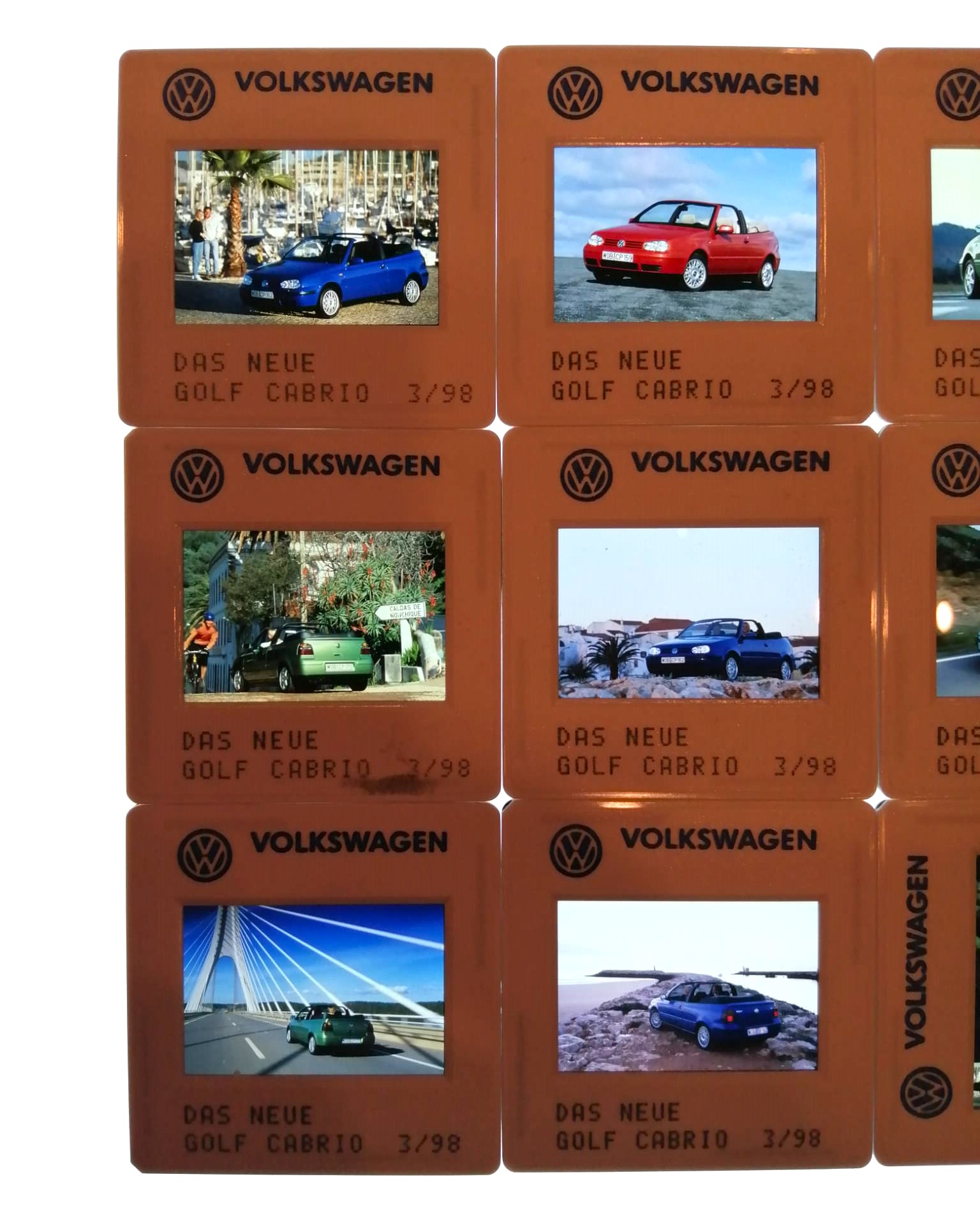 12 Stück alte Werks Presse Foto DIAs, VW Golf 4 (3) Cabrio, 1998, 5x5cm