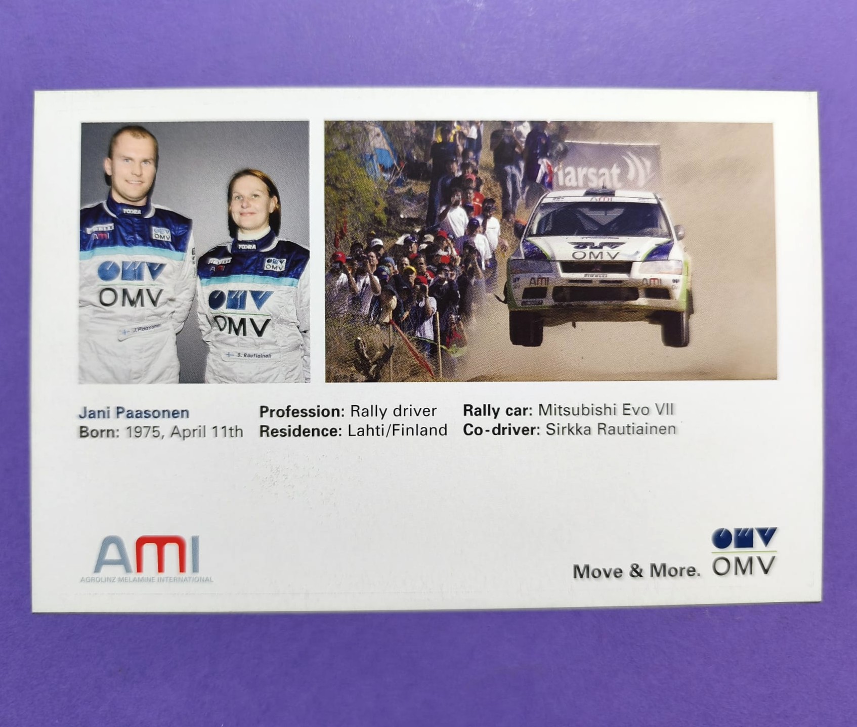  alte Autogrammkarte, Jani Paasonen, Mitsubishi Lancer Evo 7 Rallye, 12x18cm
