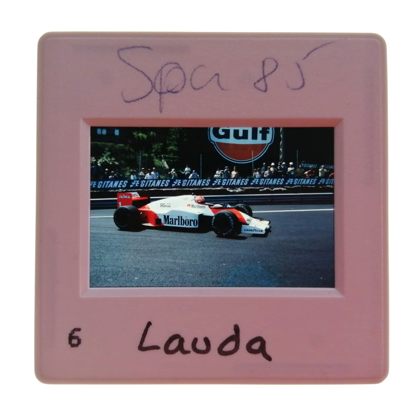 altes Presse Foto DIA, Niki Lauda, McLaren Porsche, Formel 1 Grand Prix Belgien Spa Francorchamps 1985, 5x5cm 