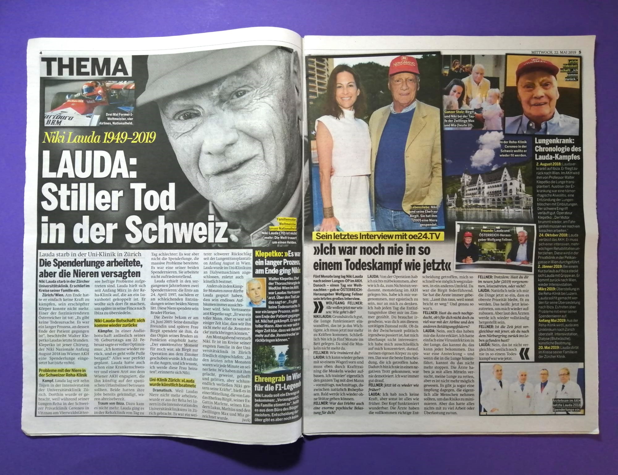 2 Stück Tageszeitungen, Krone, Österreich, Tod Niki Lauda, Formel 1 Grand Prix Weltmeister, 22. + 30. Mai 2019