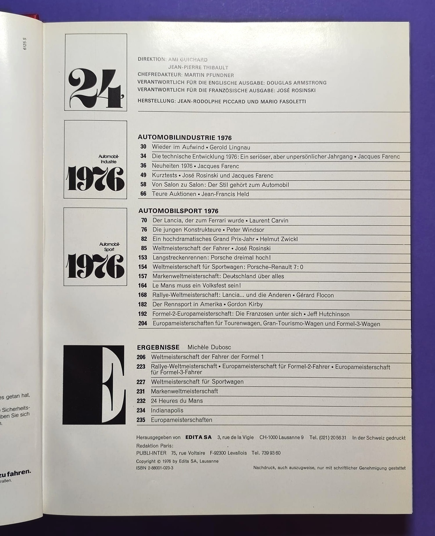 altes Buch, Auto Jahr 1976-1977, Nr. 24, Alfa Sud, Fiat Abarth 131, Lancia Stratos,.. Formel 1, LeMans, Rallye, Tourenwagen WM,.. BMW, 6 Rad Tyrrell, Niki Lauda Ferrari, Lotus, Porsche,..
