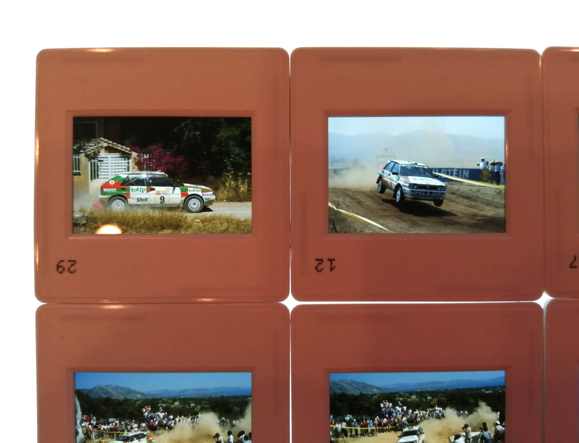 6 Stück alte Presse Foto DIAs, Lancia Delta Integrale, Yves  Loubet, Jean-Bernard Vieu, Acropolis Rallye WM 1988, 5x5cm