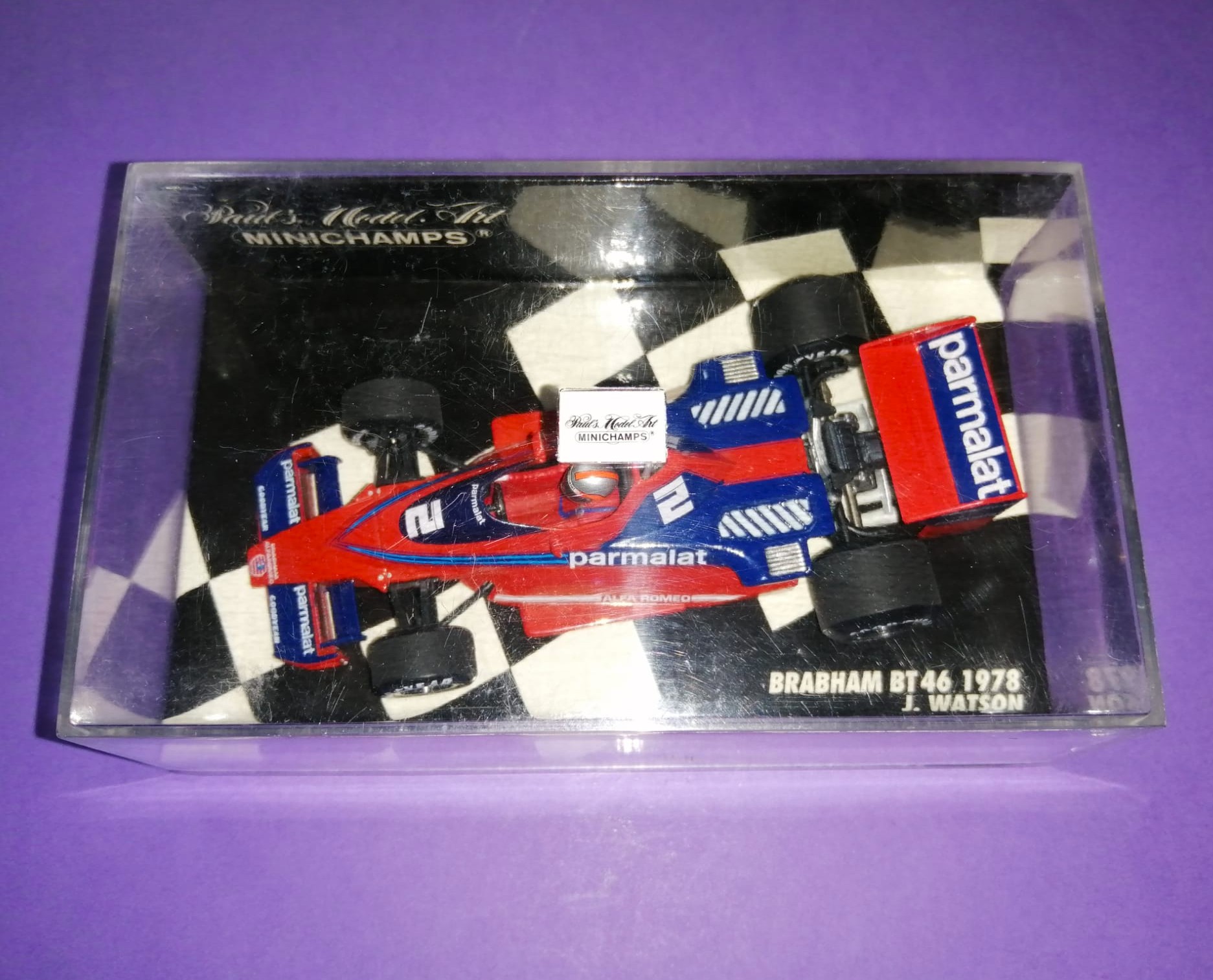 altes MINICHAMPS Modellauto 1:43, John Watson, Brabham Alfa-Romeo BT46, Formel 1 Grand Prix 1978, in Original Plexiglasbox. 