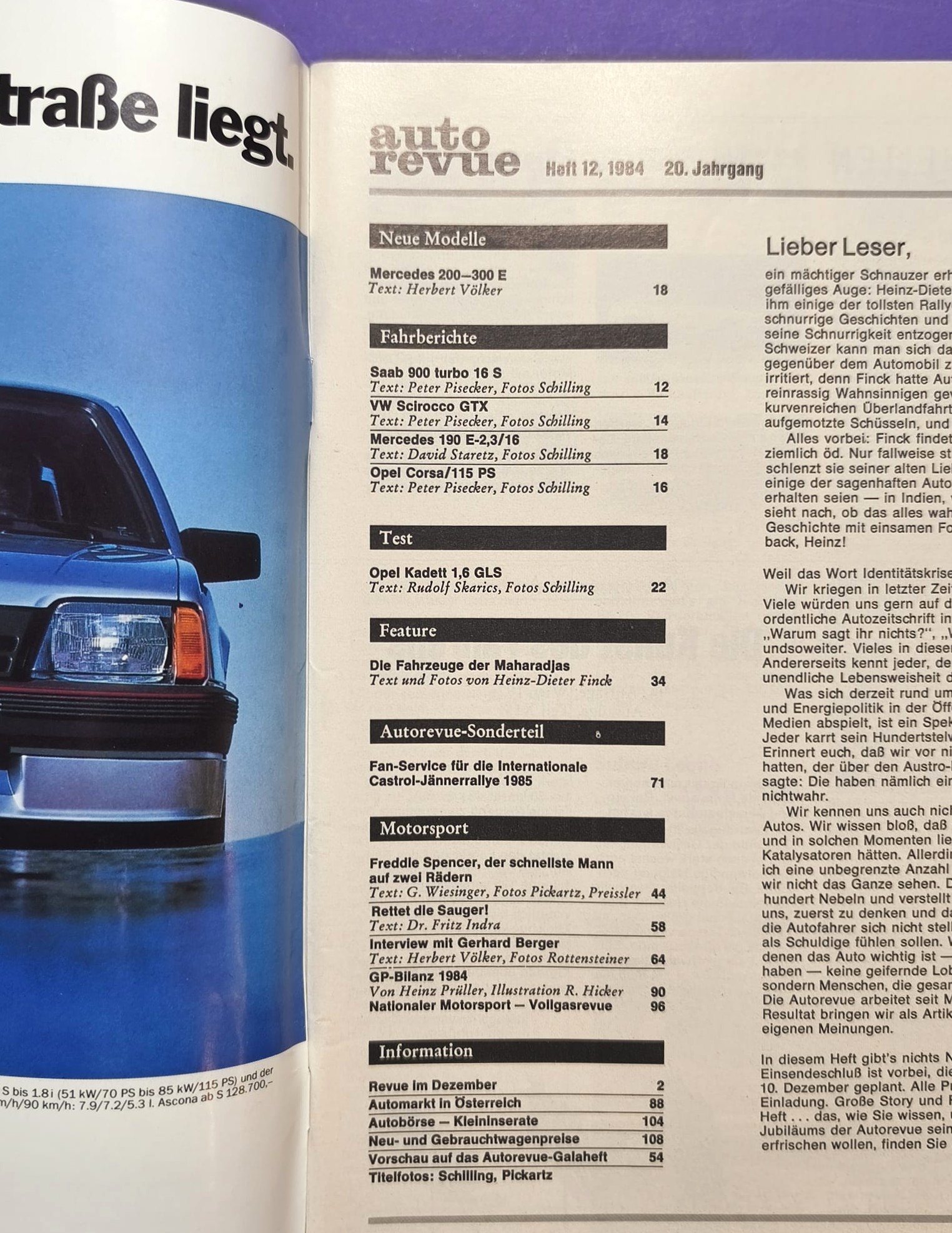 alte Auto Revue Zeitschrift Magazin, Heft, 12/1984, 16 Seiten Sonderteil Jänner Rallye Freistadt, Audi Quattro, Franz Wittmann, Testberichte Saab 900 Turbo 16, VW Scirocco GTX