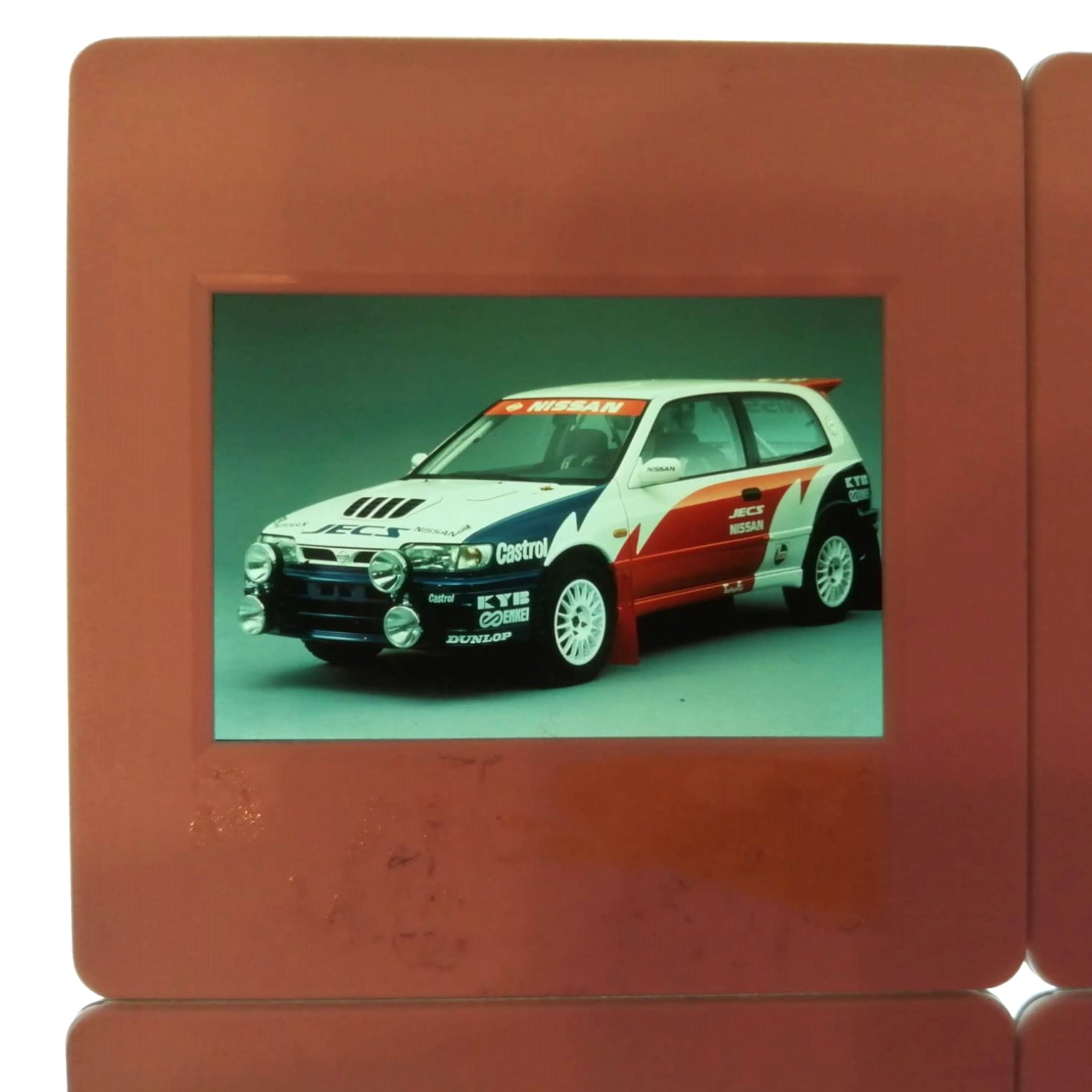 4 Stück alte Presse Foto DIAs, Nissan Sunny, Rallye, 5x5cm