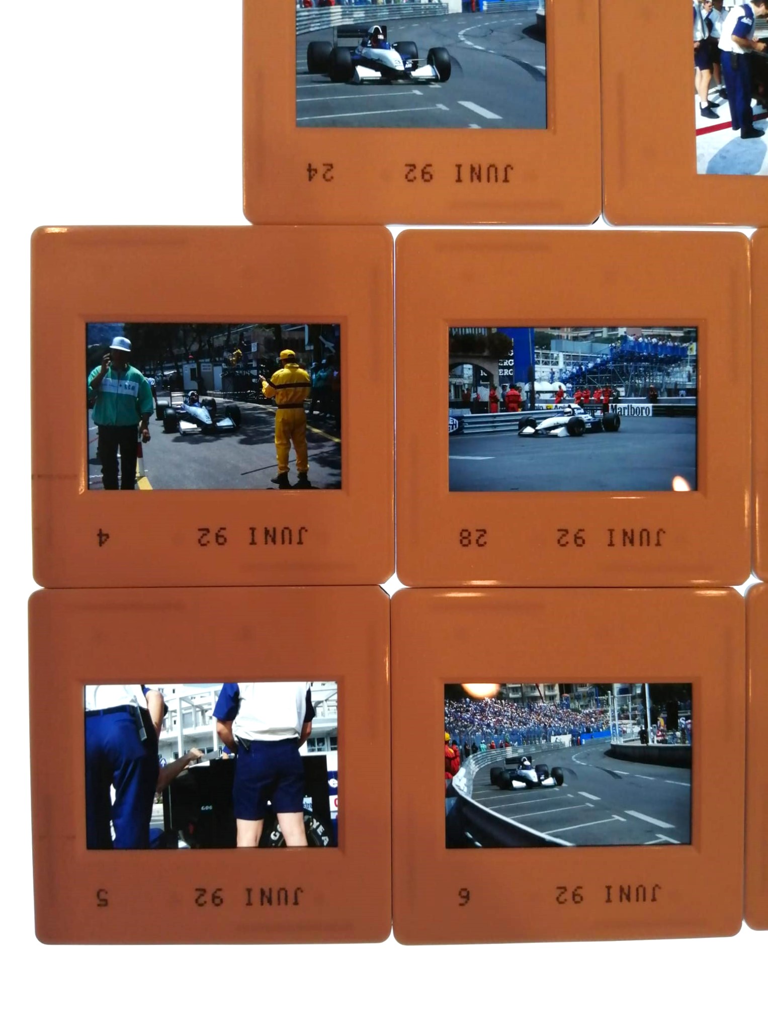 8 Stück alte Presse Foto DIAs, Andrea de Cesaris, Olivier Grouillard, Tyrrell Illmor, Formel 1 Grand Prix Monaco 1992, 5x5cm