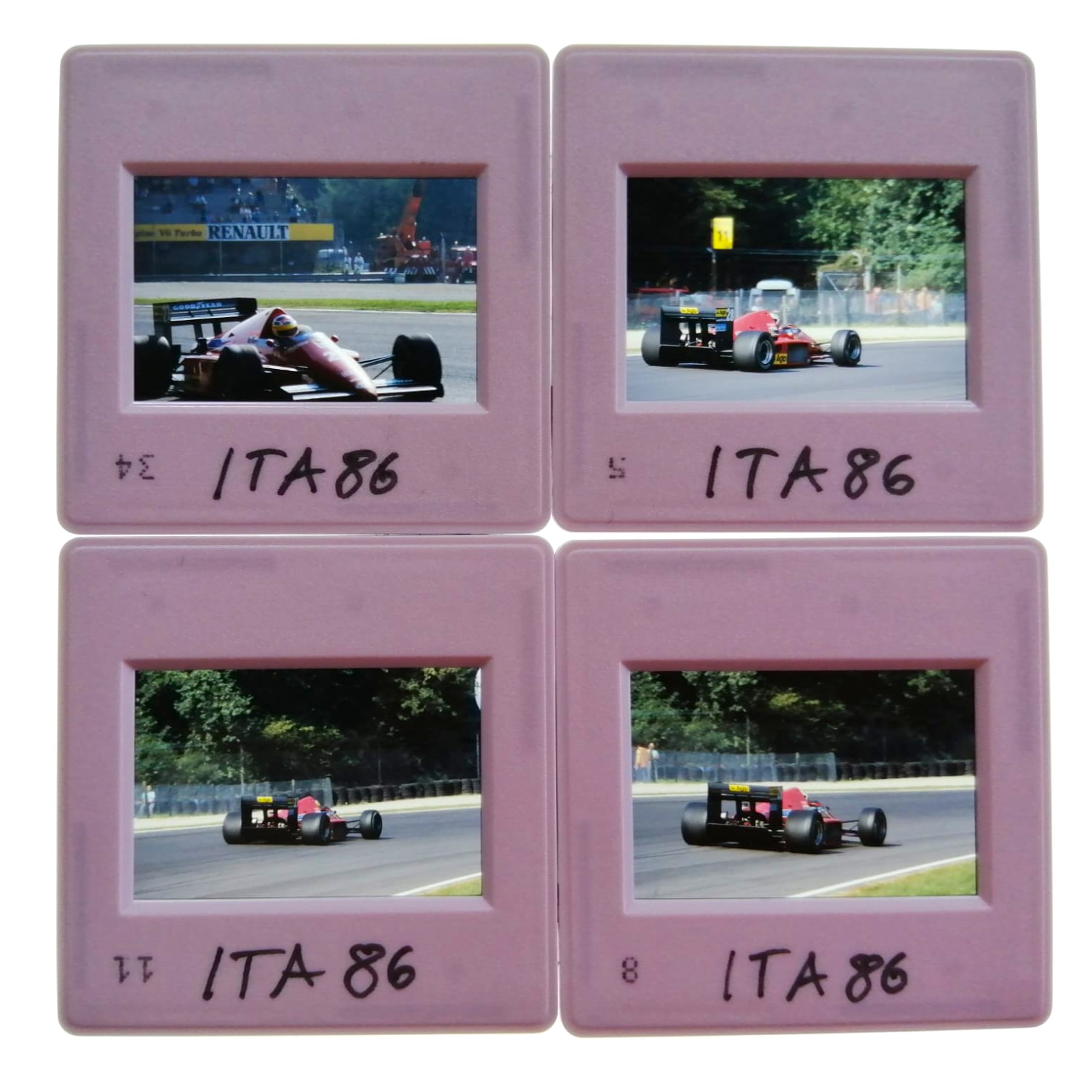 4 Stück alte Presse Foto DIAs, Michele Alboreto, Ferrari, Formel 1 Grand Prix Italien Monza 1986, 5x5cm
