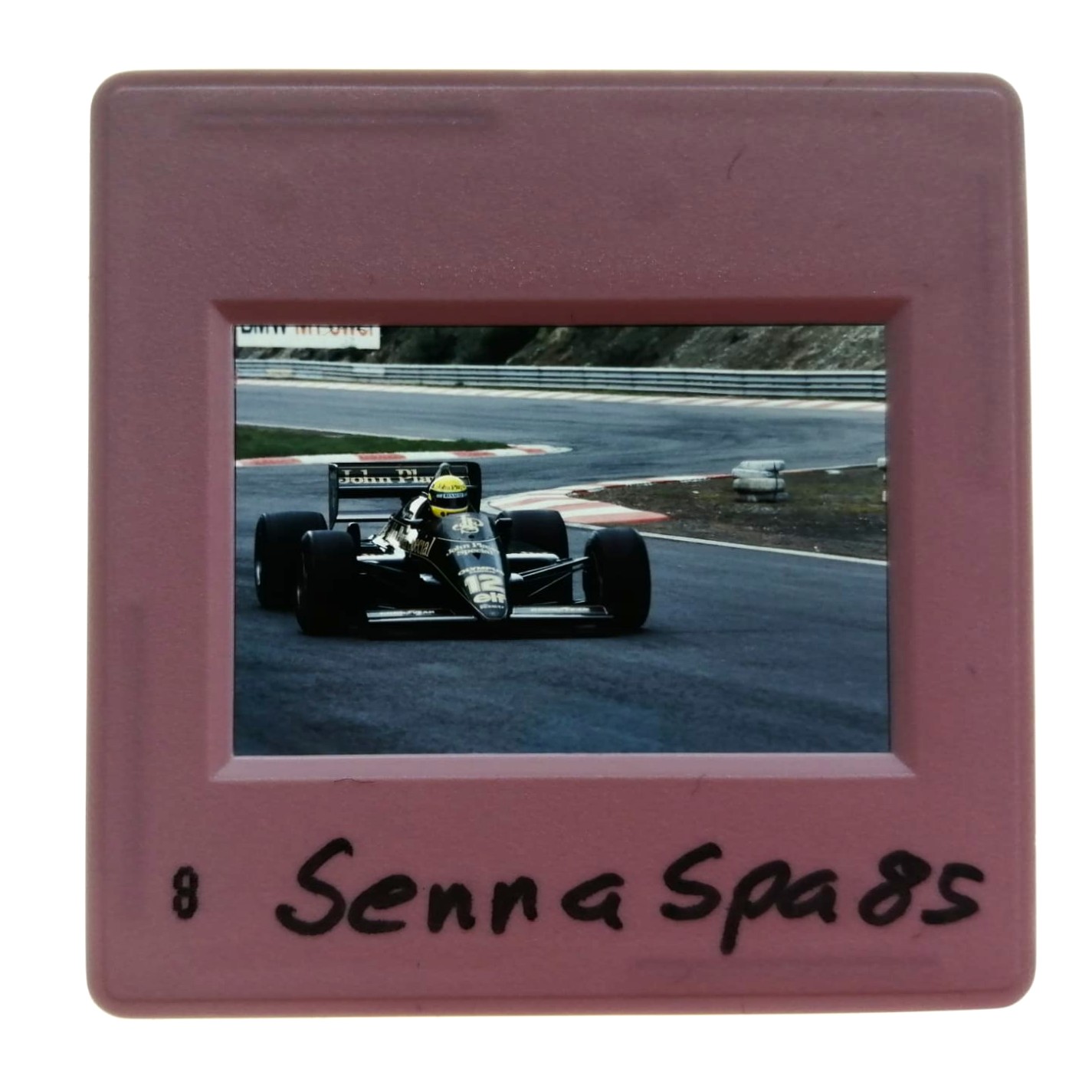 altes Presse Foto DIA, Ayrton Senna, John Player Lotus Renault, Formel 1 Grand Prix Belgien Spa-Francorchamps 1985, 5x5cm