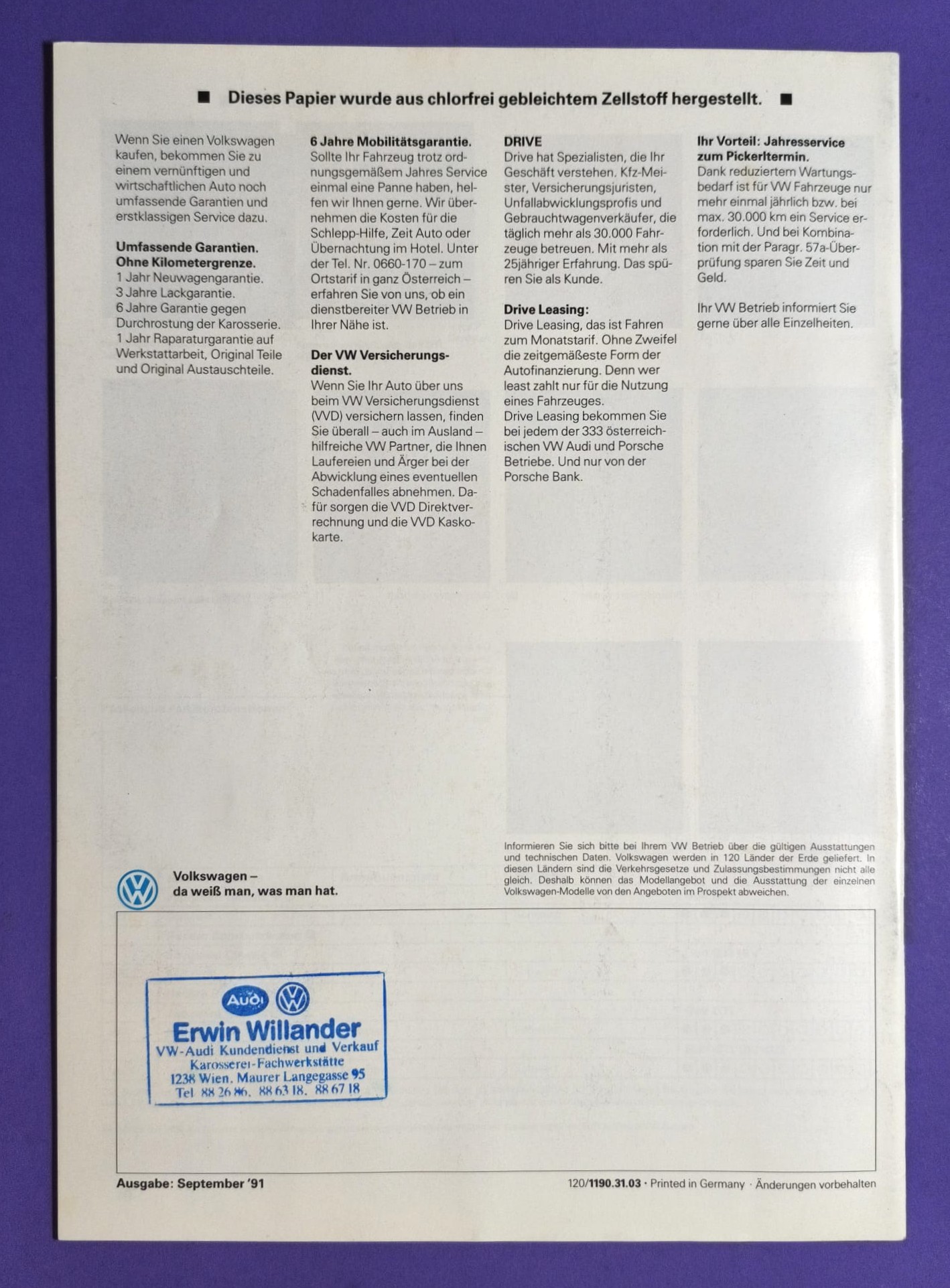 altes Original Autoprospekt, VW Golf 3 GTI 16V, Ausgabe Österreich 09/1991