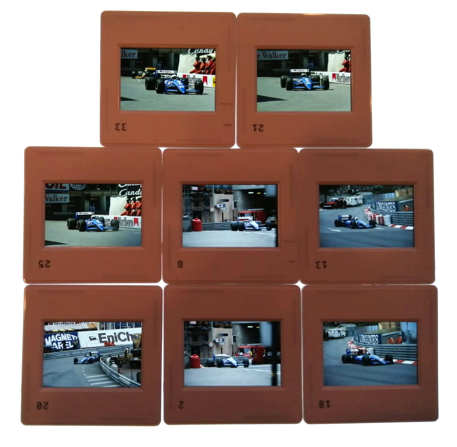8 Stück alte Presse Foto DIAs, Rene Arnoux, Stefan Johansson, Ligier Judd, Formel 1 Grand Prix Monaco 1988, 5x5cm