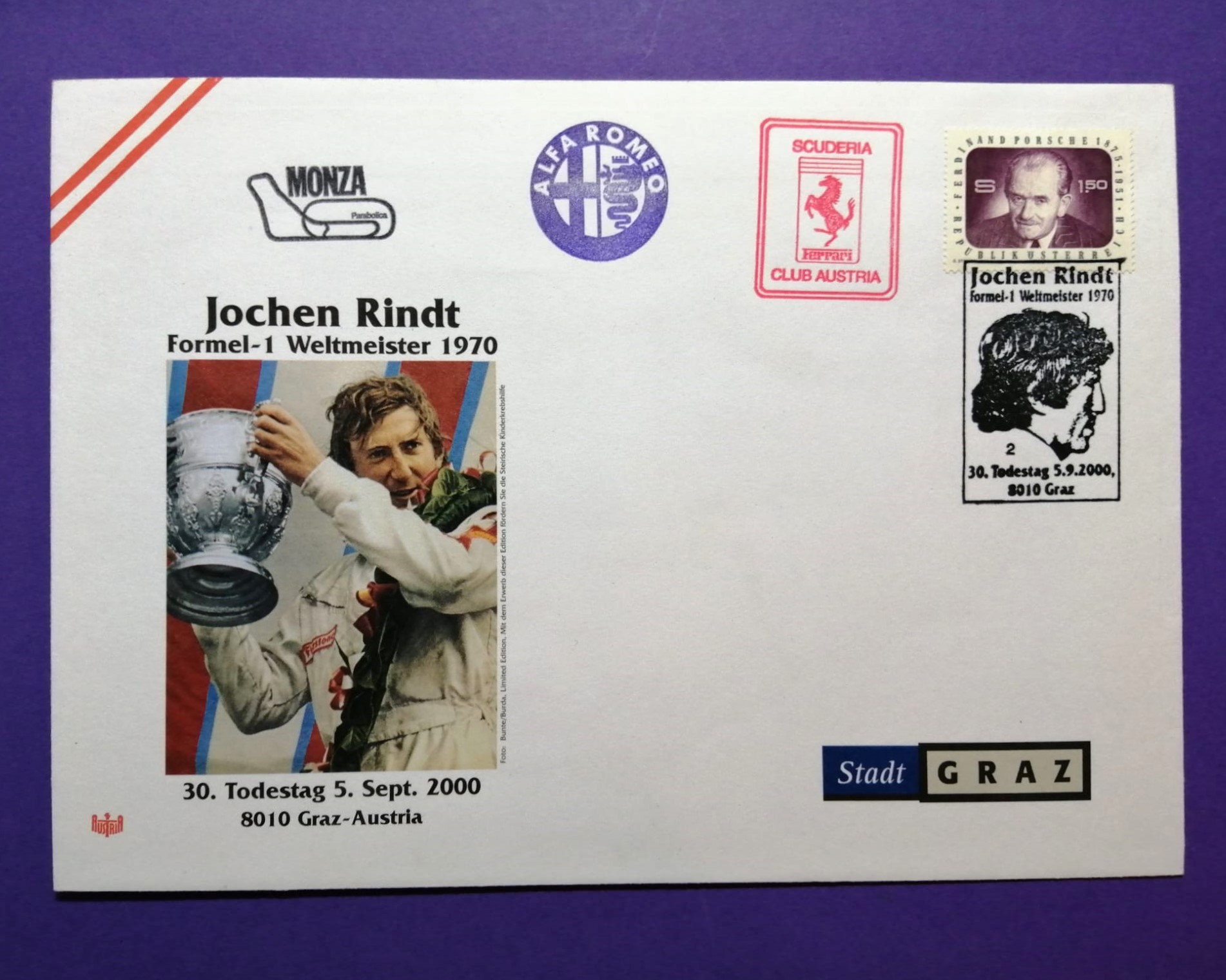 altes Briefkuvert Briefumschlag 16x23cm, Jochen Rindt, Formel 1 Grand Prix Weltmeister, Gold Leaf Lotus, Schilling Briefmarke Ferdinand Porsche, Stempeln Alfa-Romeo, Ferrari, Monza