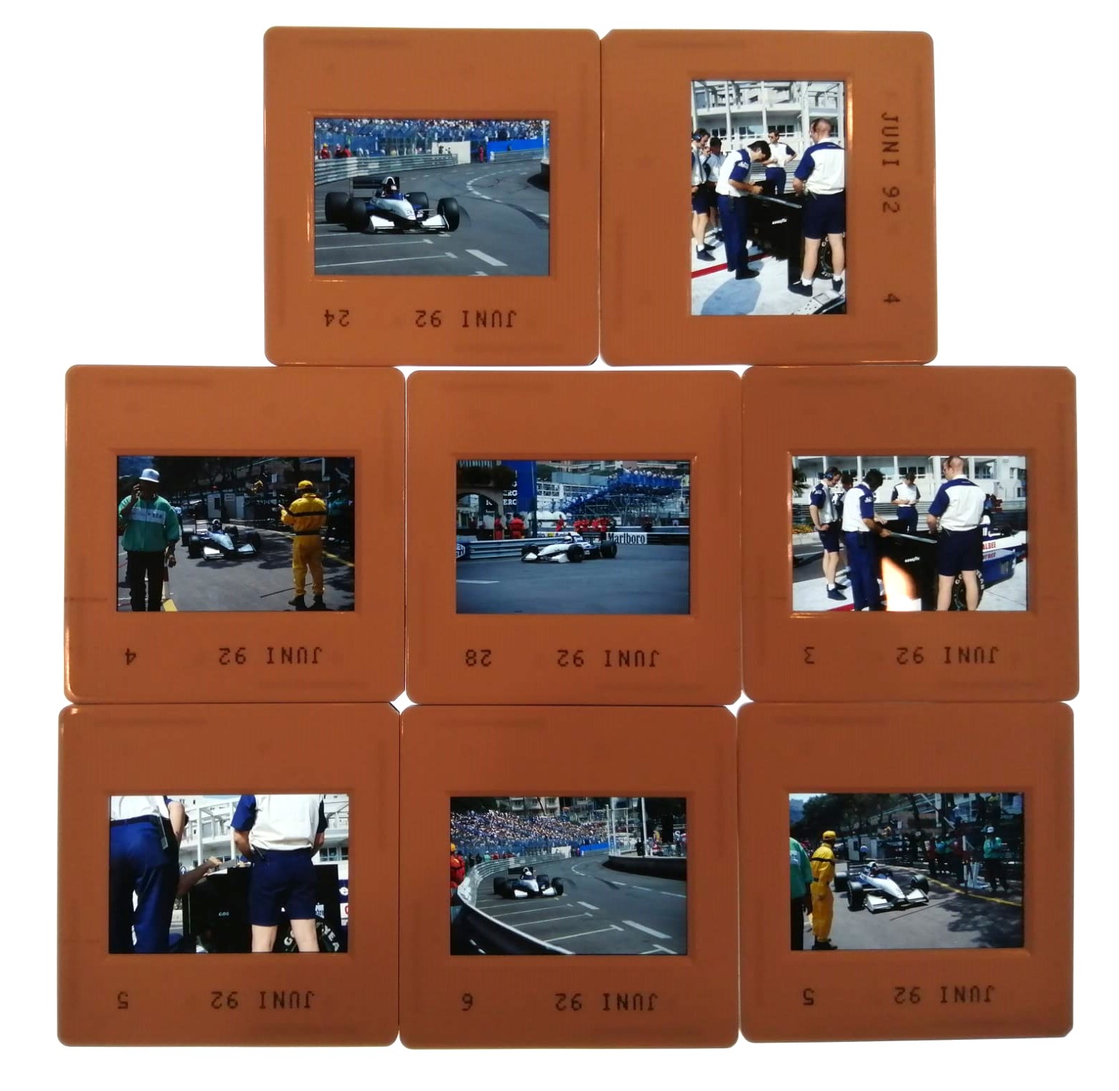 8 Stück alte Presse Foto DIAs, Andrea de Cesaris, Olivier Grouillard, Tyrrell Illmor, Formel 1 Grand Prix Monaco 1992, 5x5cm