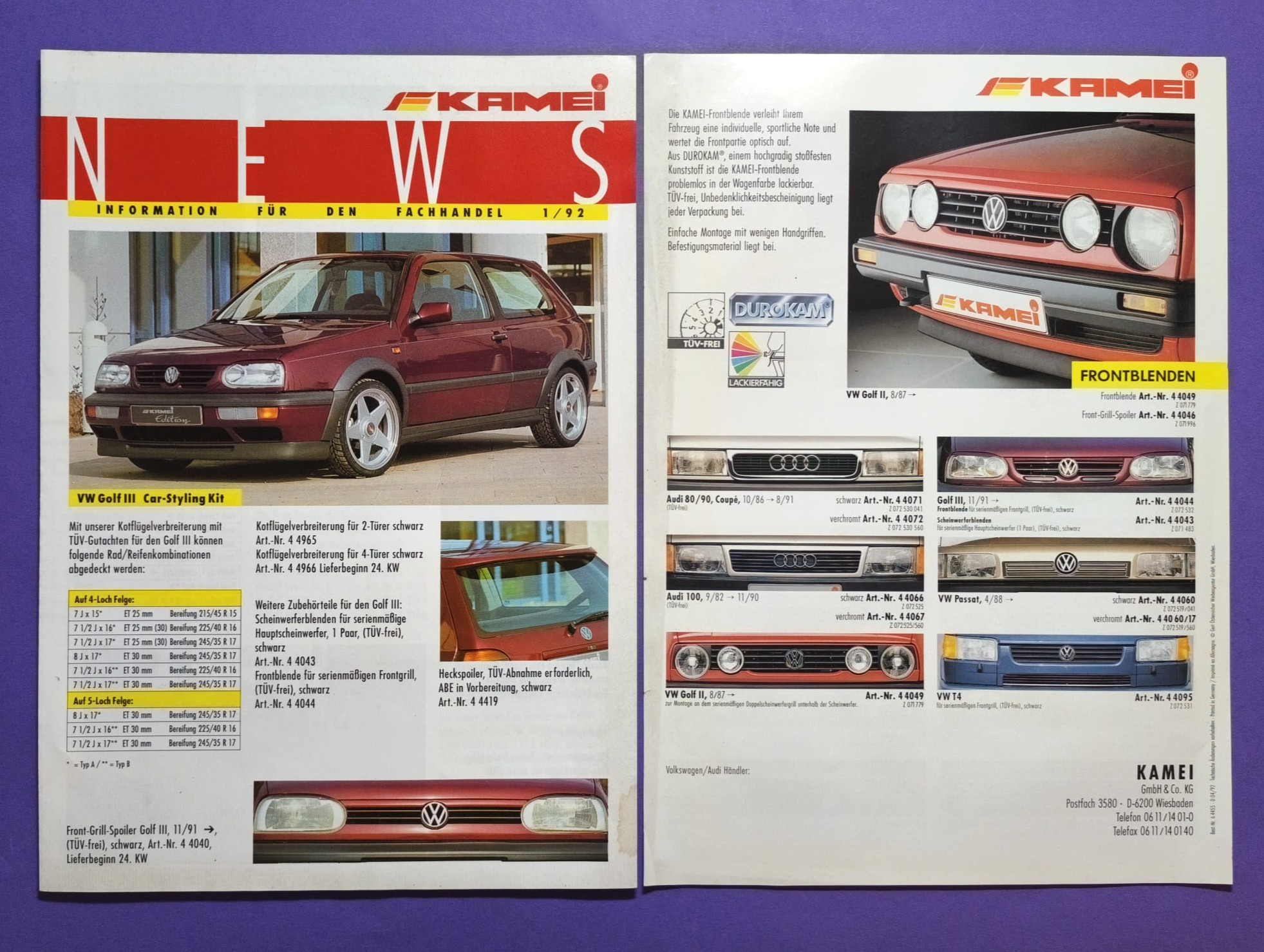 2 Stück alte KAMEI Prospekte, Auto Zubehör, Audi, VW Golf 3,.. 1992, 6 Seiten