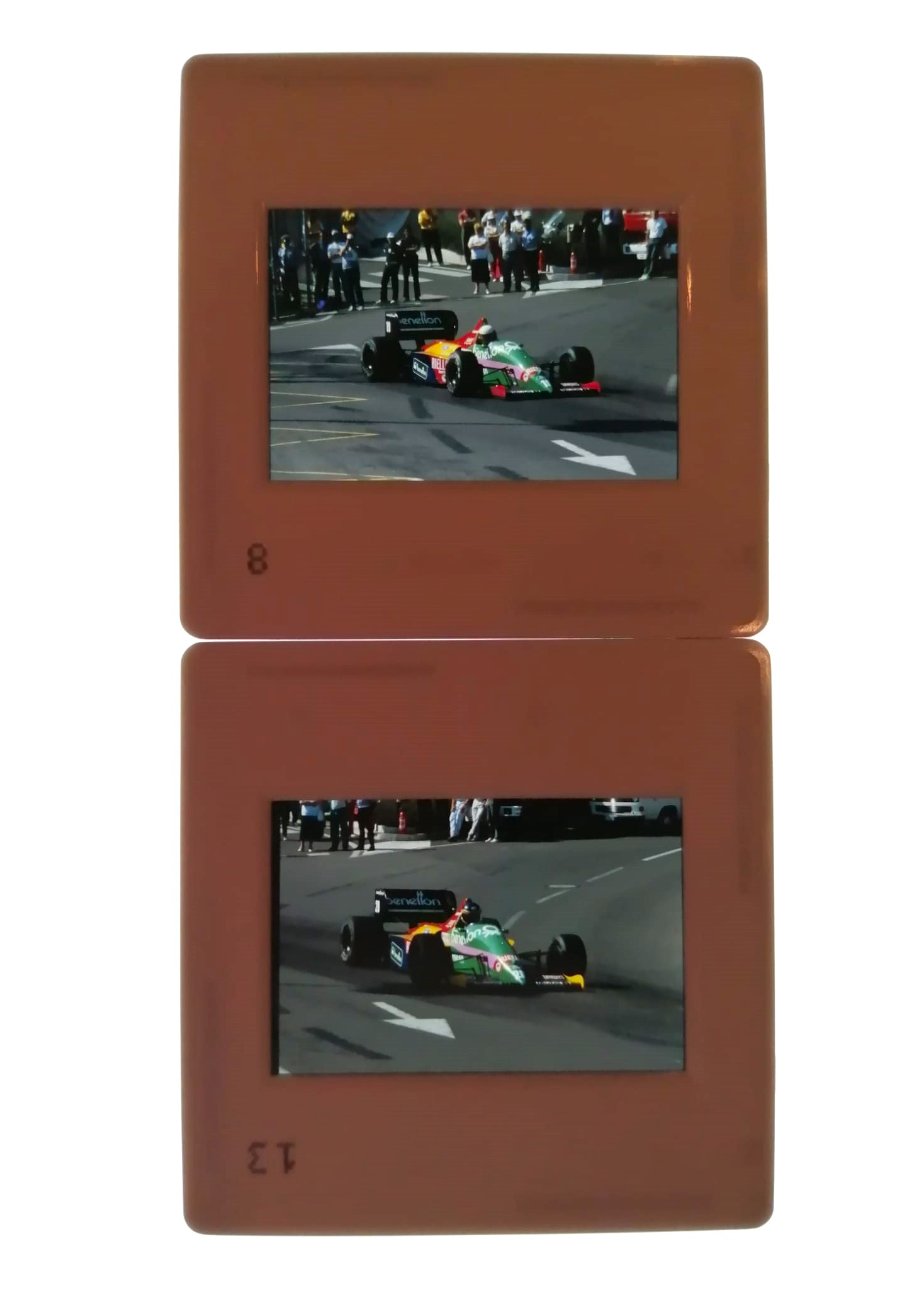 2 Stück alte Presse Foto DIAs, Theo Fabi, Thierry Boutsen, Benetton, Formel 1 Grand Prix Monaco 1987, 5x5cm