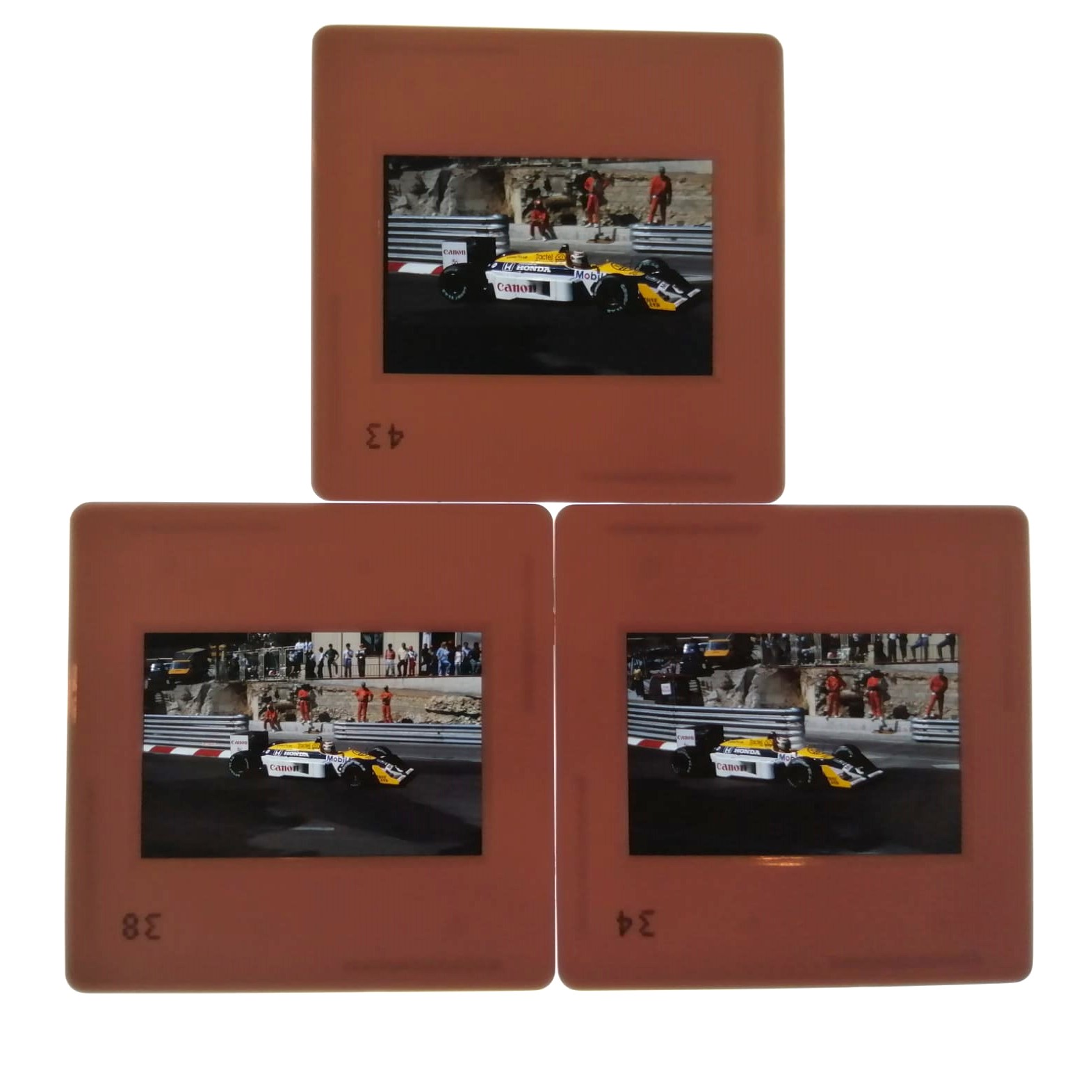 3 Stück alte Presse Foto DIAs, Nelson Piquet, Williams Honda, Formel 1 Grand Prix Monaco 1987, 5x5cm