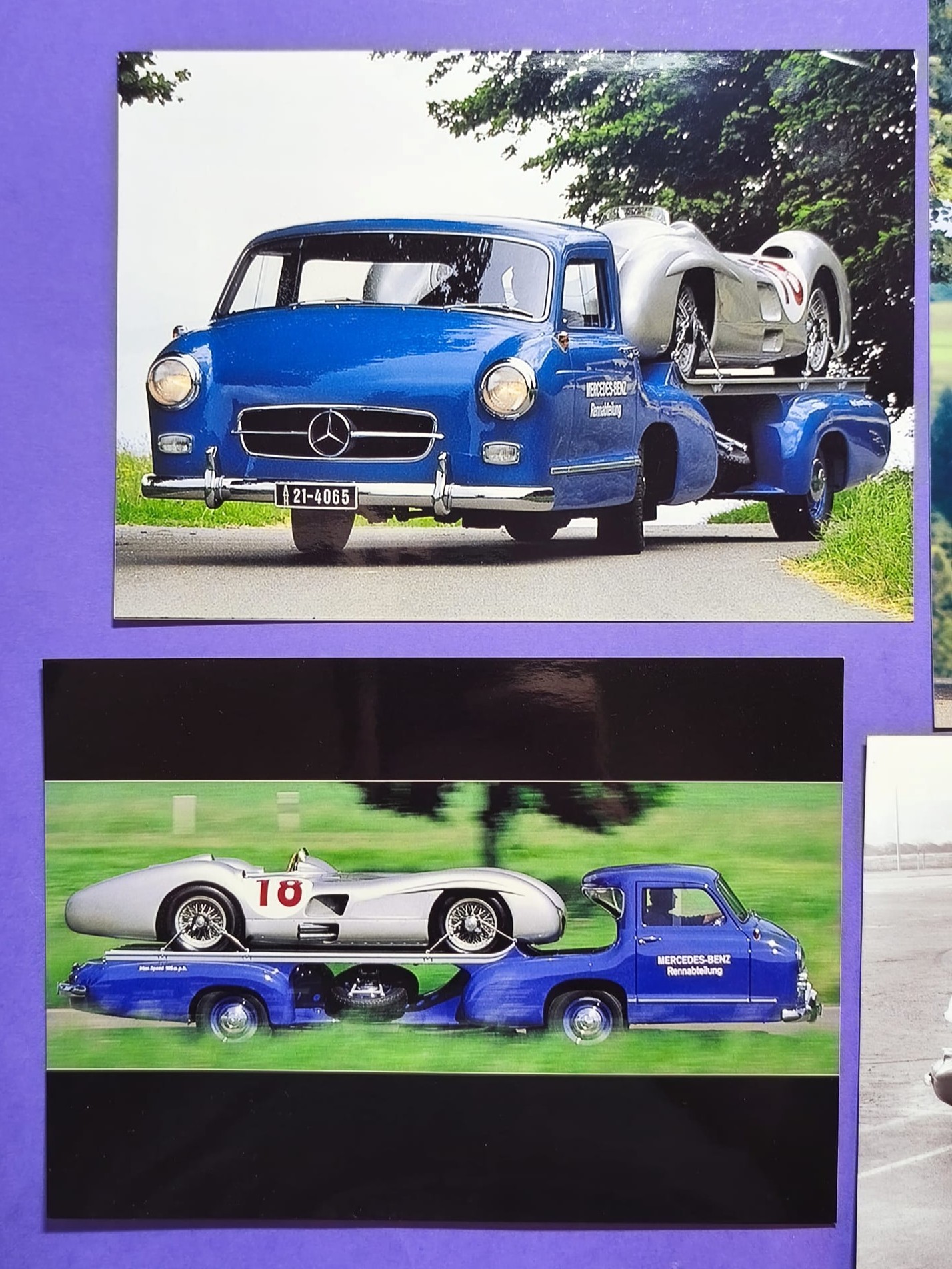 4 Stück Presse Werksfotos neuern Datums, Mercedes-Benz Renntransporter 1954, 1955, 13x18cm