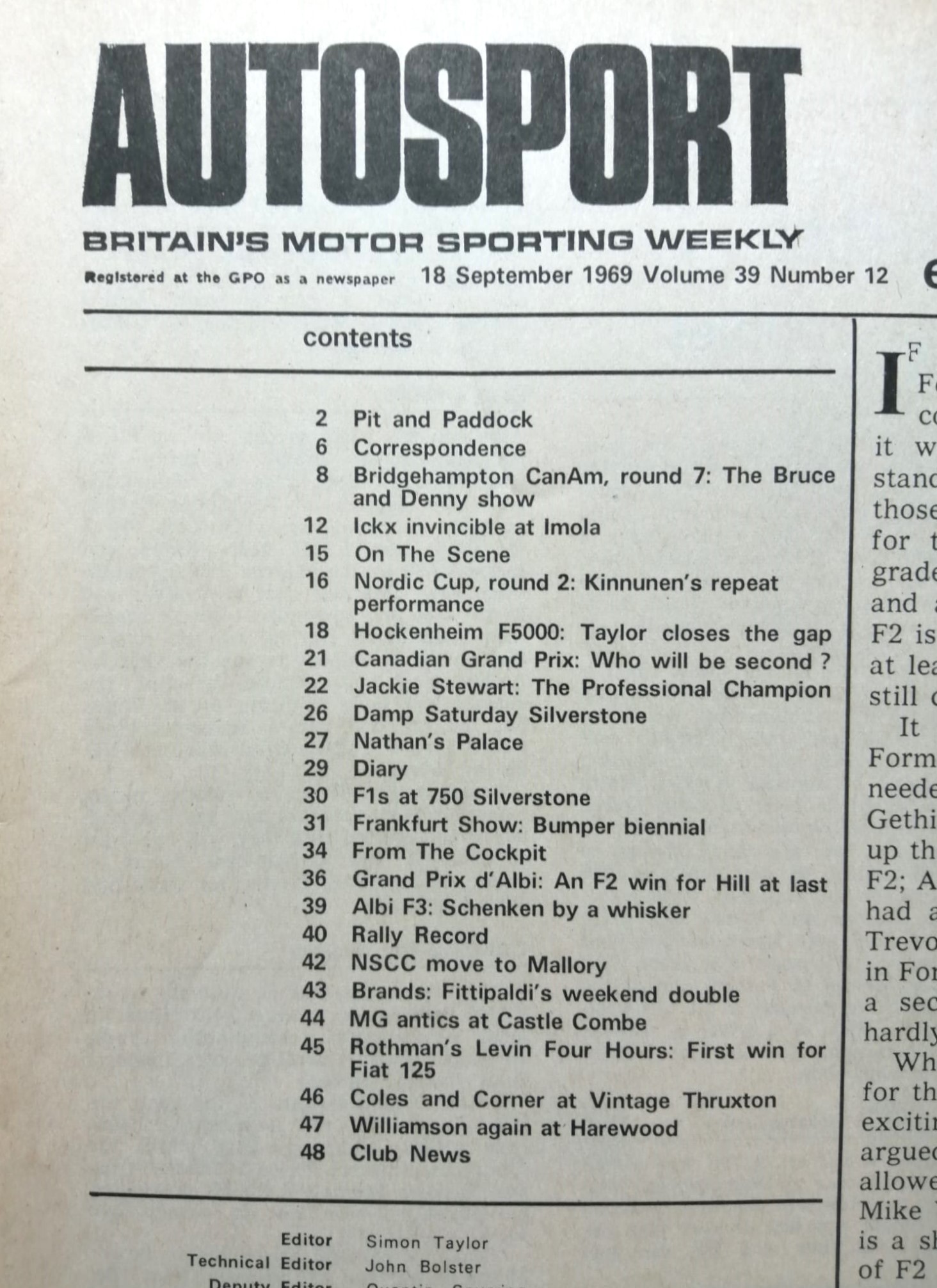 alte Zeitschrift Magazin Heft Autosport, 18. September 1969, Jochen Rindt Formel 2 Albi, Jackie Stewart Matra Formel 1, Formel 5000,.. Englisch! 