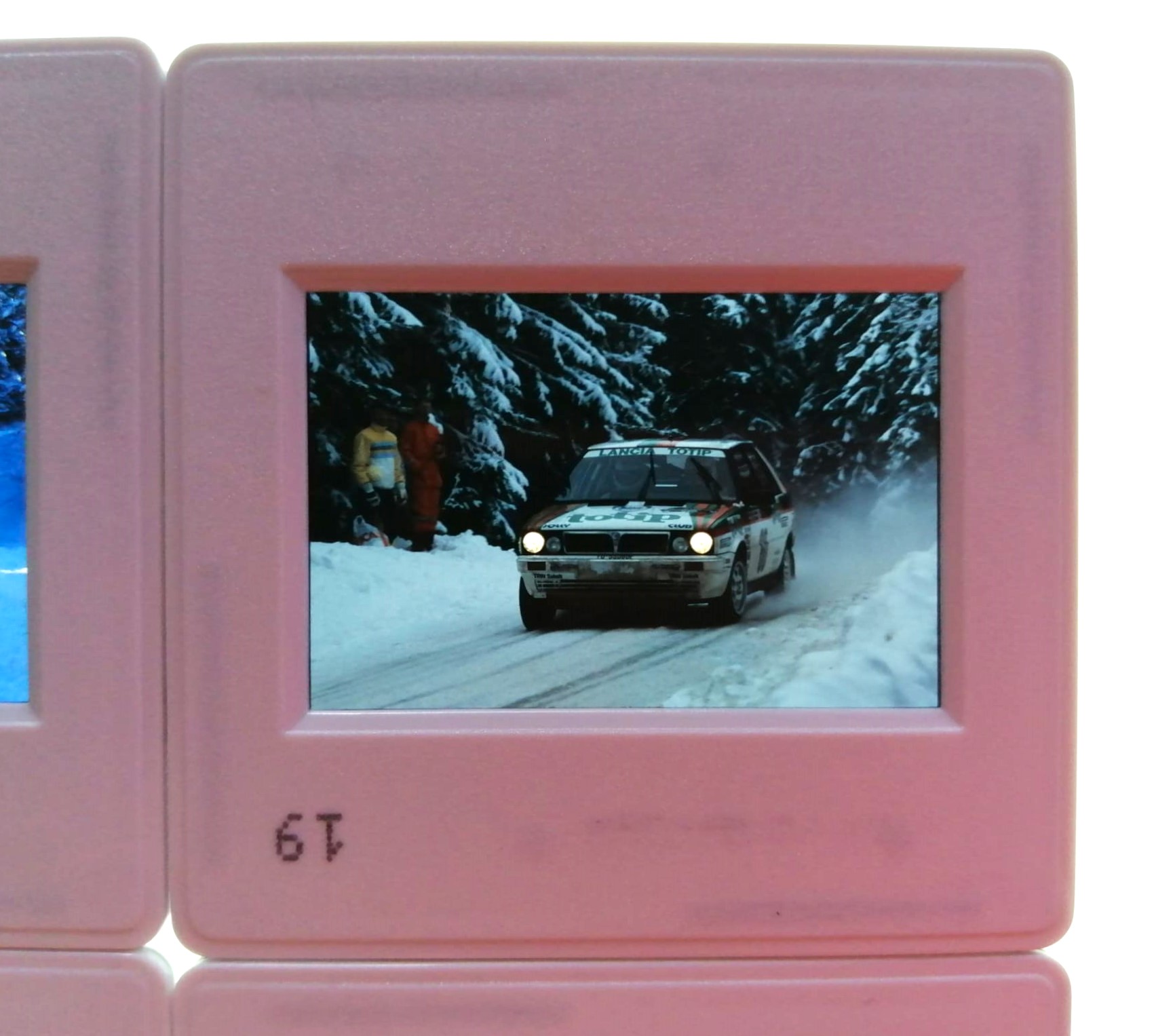 4 Stück alte Presse Foto DIAs, Lancia Delta HF 4WD, Rallye WM Schweden 1987, 5x5cm