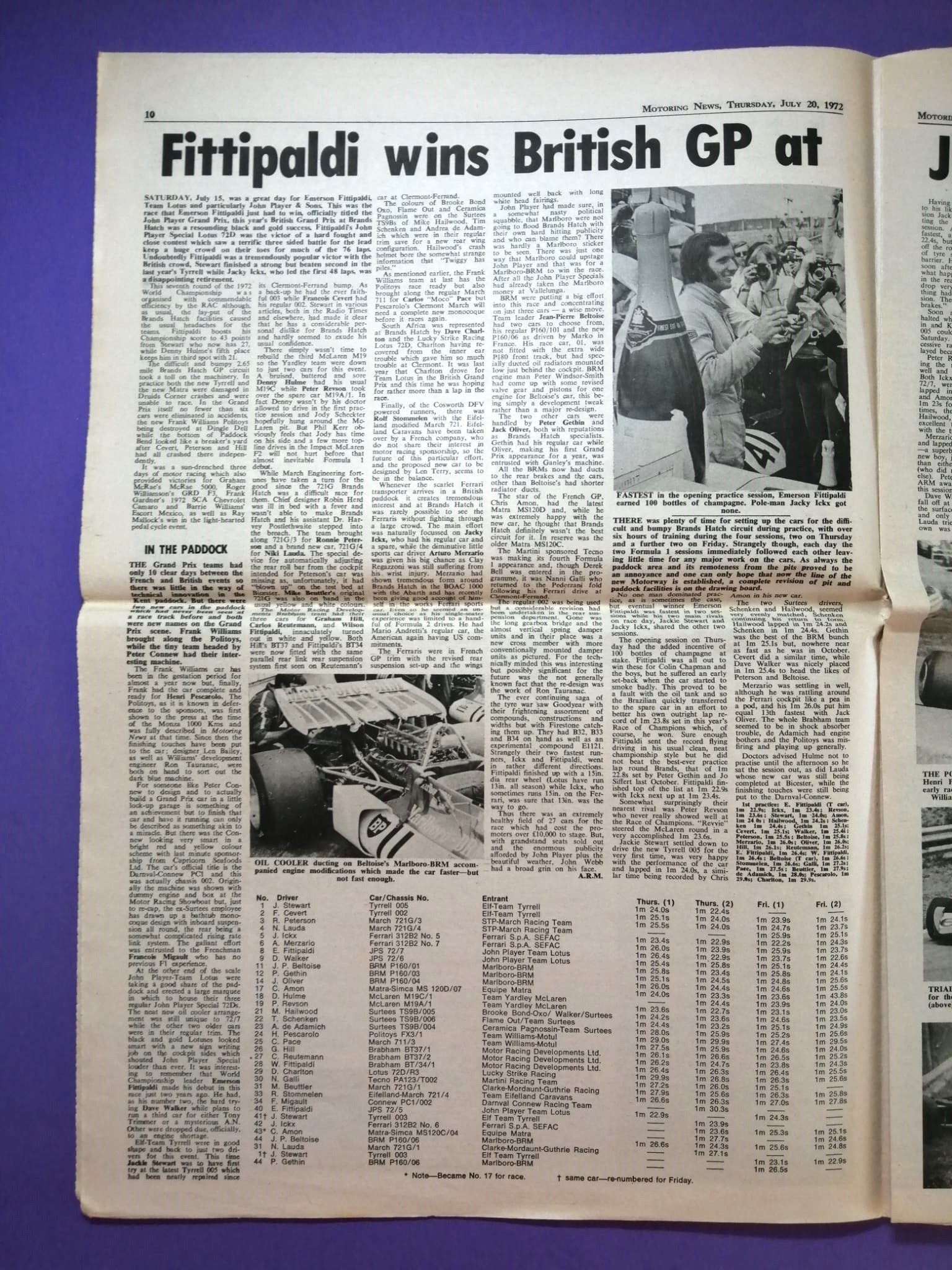 RARITÄT! alte Zeitung, Motoring News, 20 Juli 1972, Emerson Fittipaldi, John Player Lotus, Sieger Formel 1 Brand Hatch, Cevert,.. Englisch 