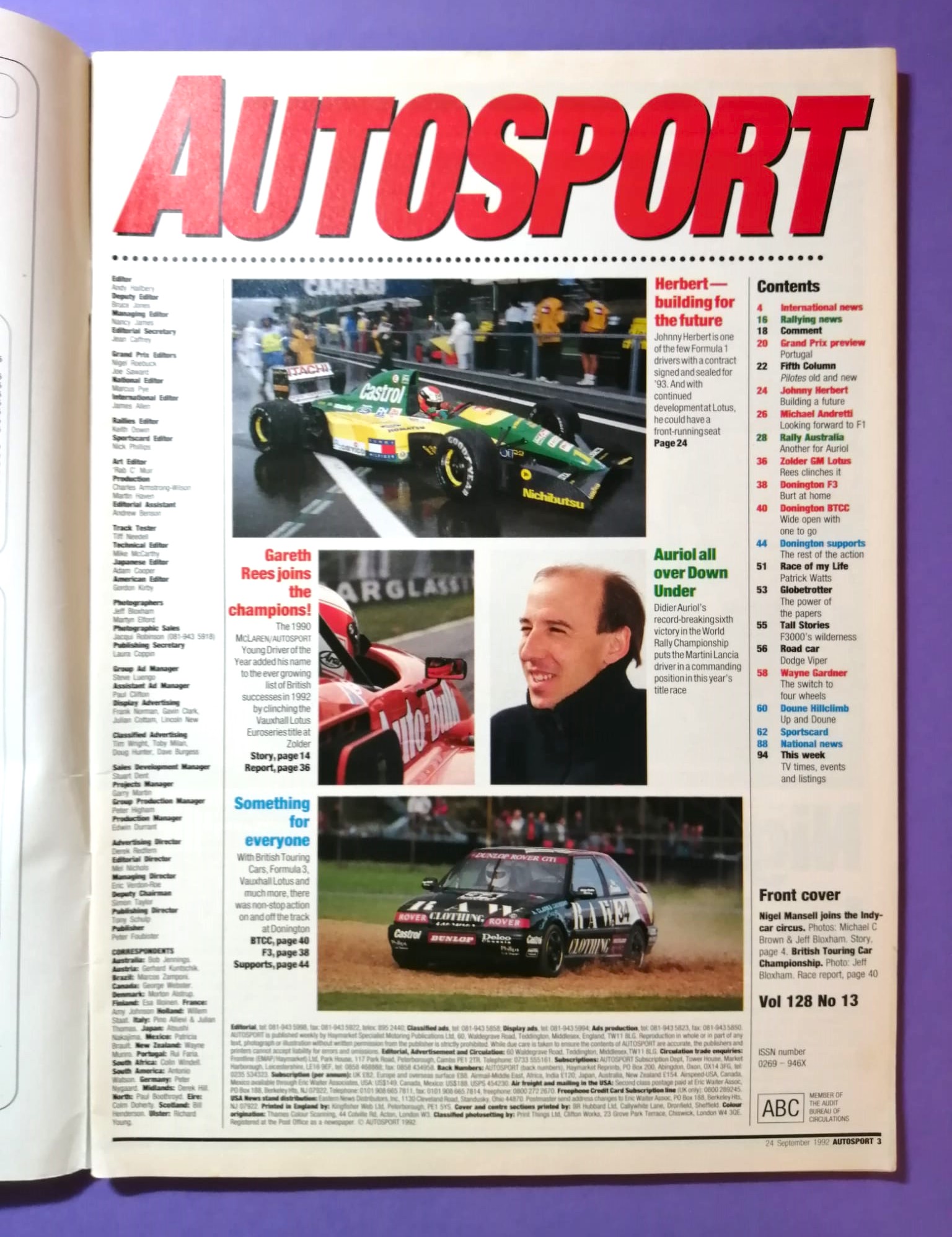 alte Zeitschrift Magazin Heft Autosport, 24. September 1992, Formel 1, Jos Verstappen, Formel 3, Van Amersfoort, Indy Car,.. Englisch