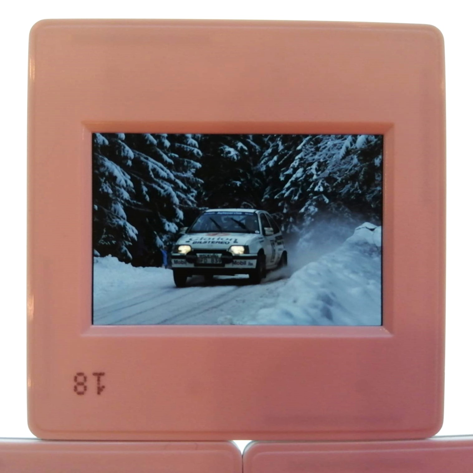 5 Stück alte Presse Foto DIAs, Opel Kadett E GSI, Rallye WM Schweden 1987, 5x5cm 