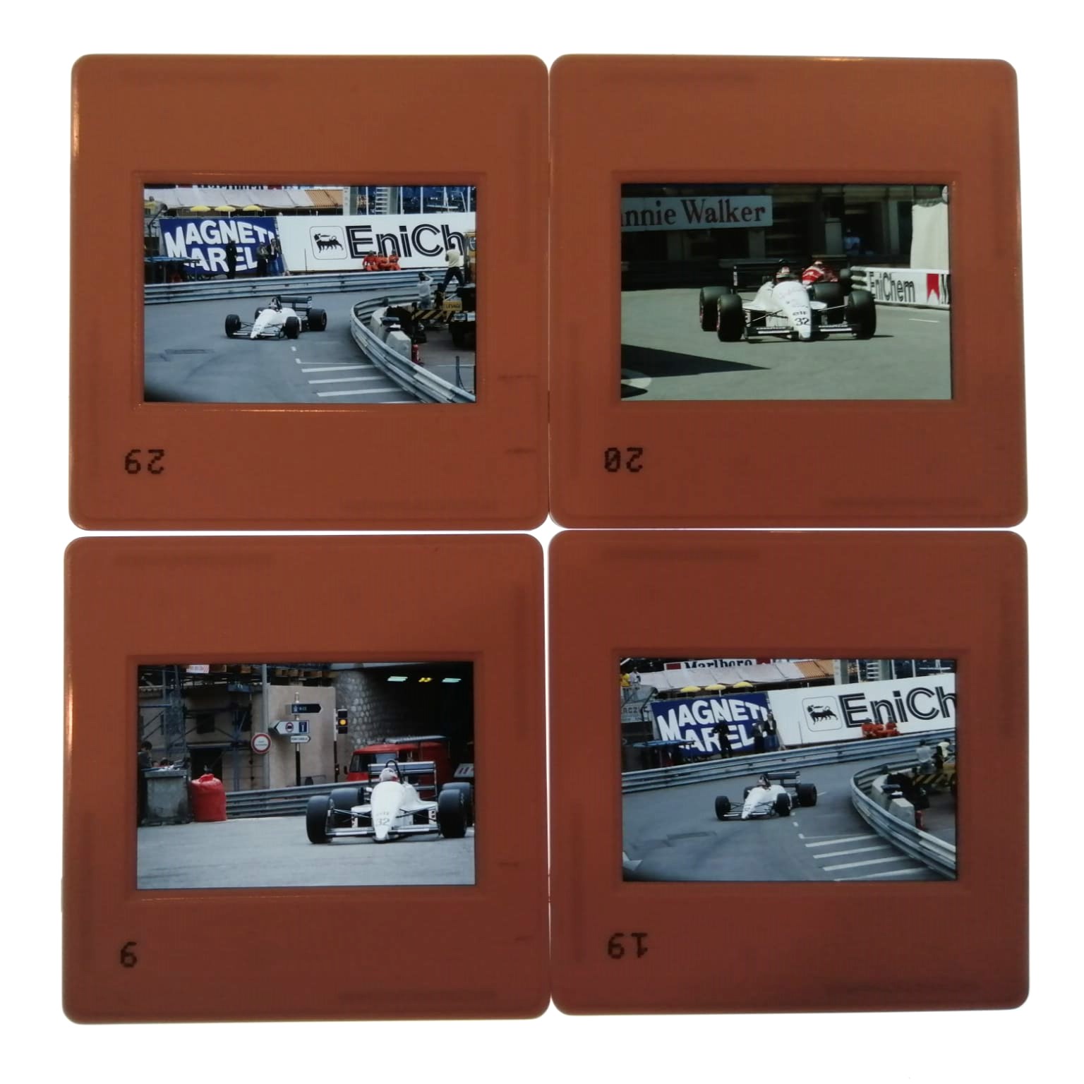4 Stück alte Presse Foto DIAs, Oscar Larrauri, Euro Brun Ford, Formel 1 Grand Prix Monaco 1988, 5x5cm