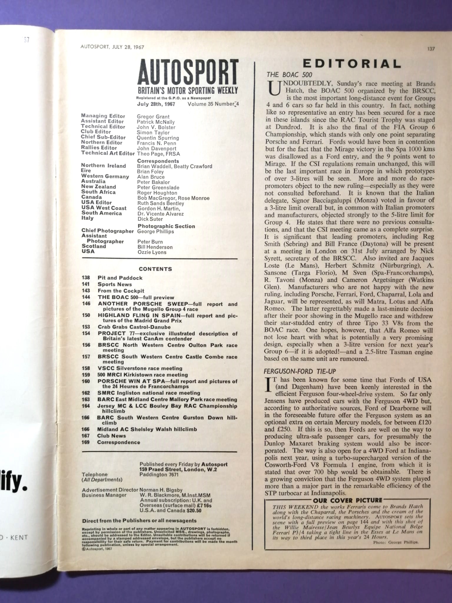 alte Zeitschrift Magazin Heft Autosport, 28. Juli 1967, Alfa T33, Lola, Ferrari, Porsche 910, Jim Clark, Lotus, Formel 1 Spanien Jarama, Englisch