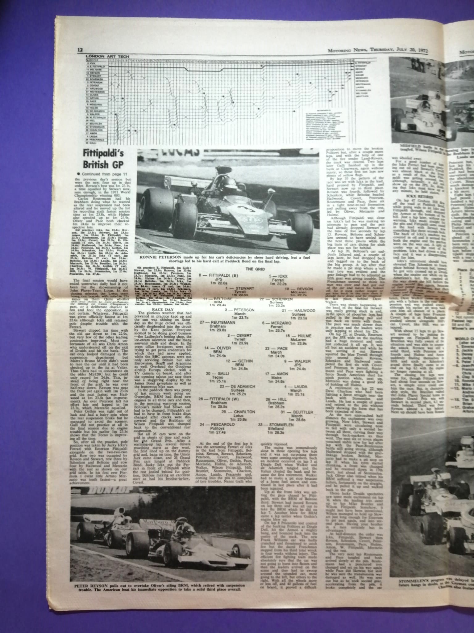 RARITÄT! alte Zeitung, Motoring News, 20 Juli 1972, Emerson Fittipaldi, John Player Lotus, Sieger Formel 1 Brand Hatch, Cevert,.. Englisch 