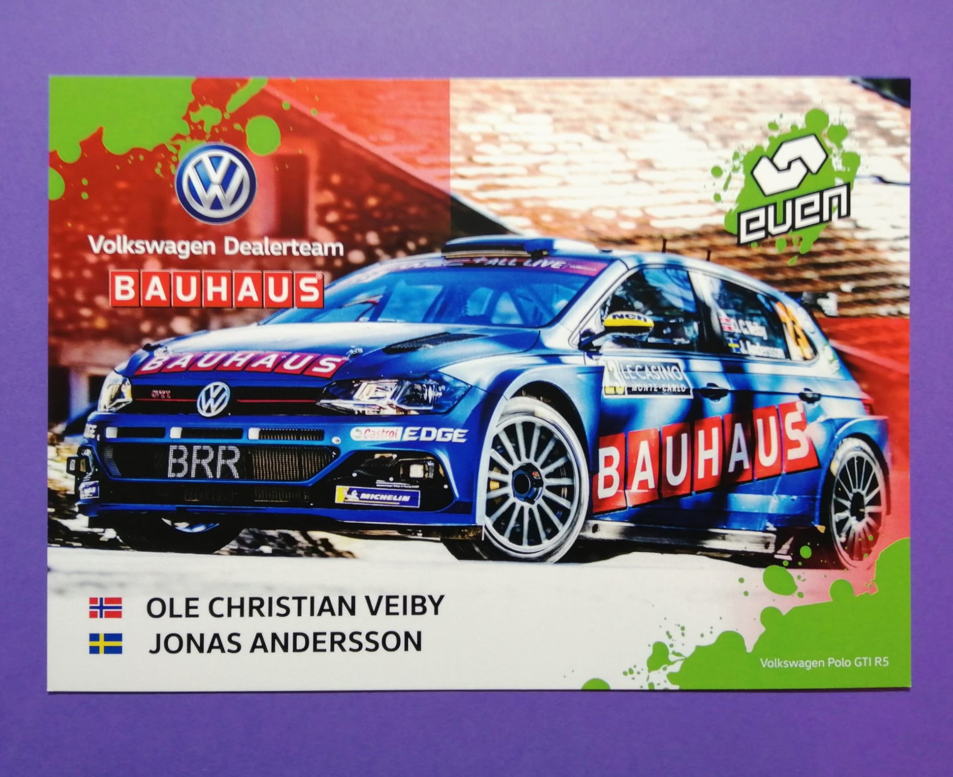 Autogrammkarte, Ole Christian Veiby, Jonas Andersson, VW Polo GTI R5 Rallye, Team Baumschlager, 15x21cm