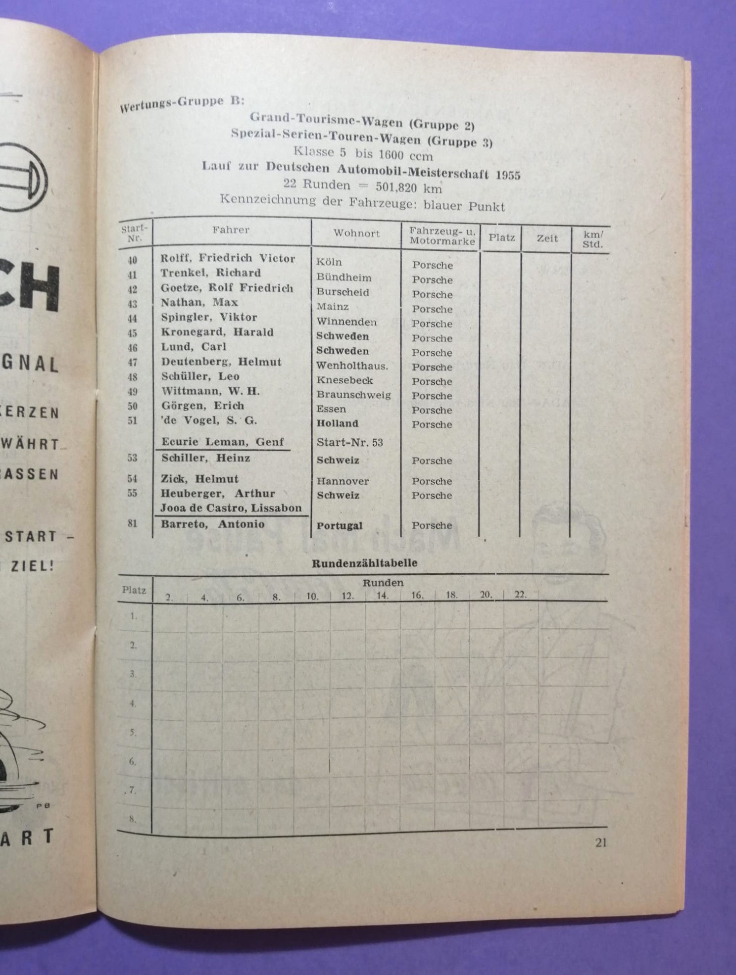 RARITÄT! altes Rennprogramm, 500km Rennen Nürburgring 1955, Grand Tourisme, Panhard, Porsche,.. Frankenberg, Moss, Trips,..