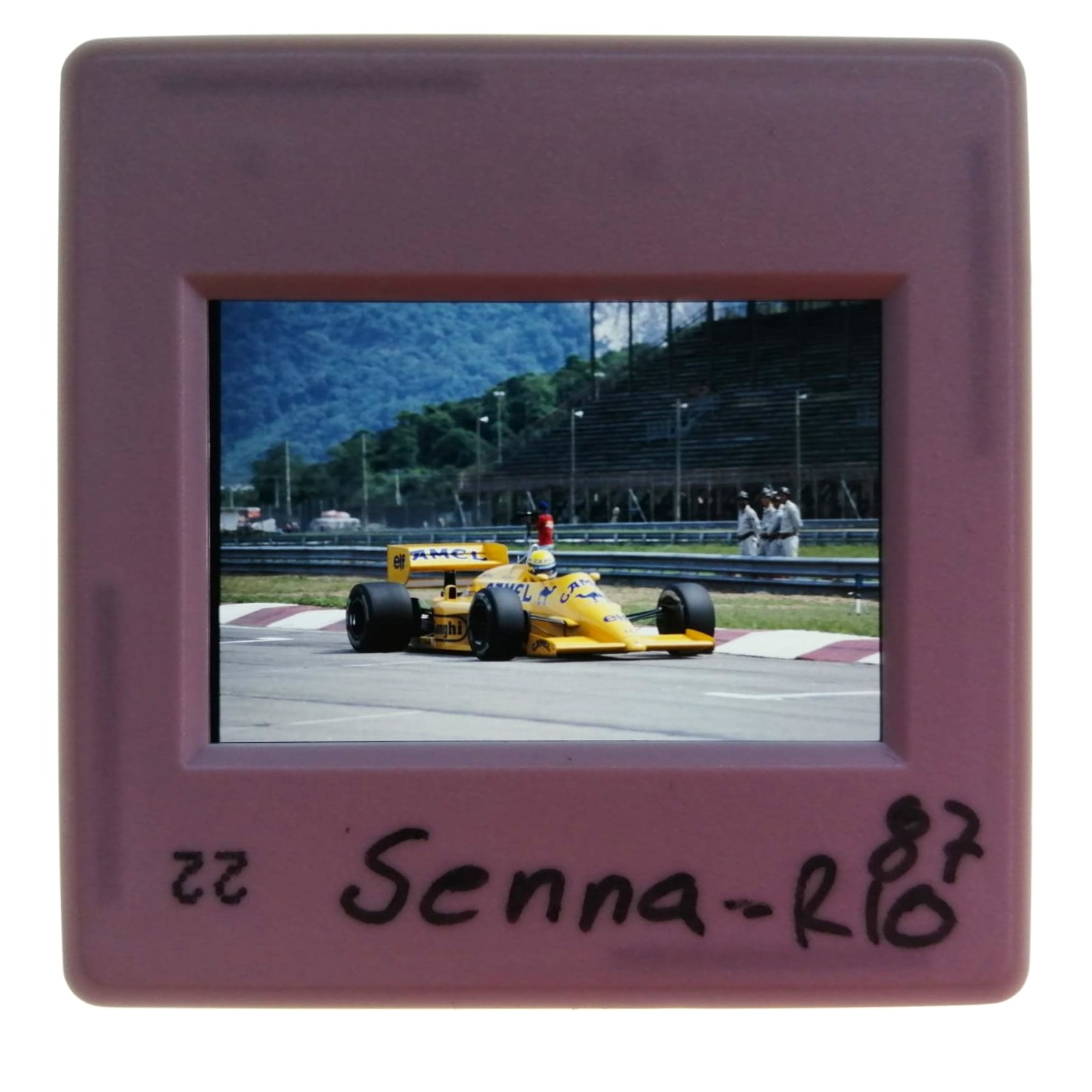 altes Presse Foto DIA, Ayrton Senna, Camel Lotus Honda, Formel 1 Grand Prix Brasilien Rio de Janeiro 1987, 5x5cm 