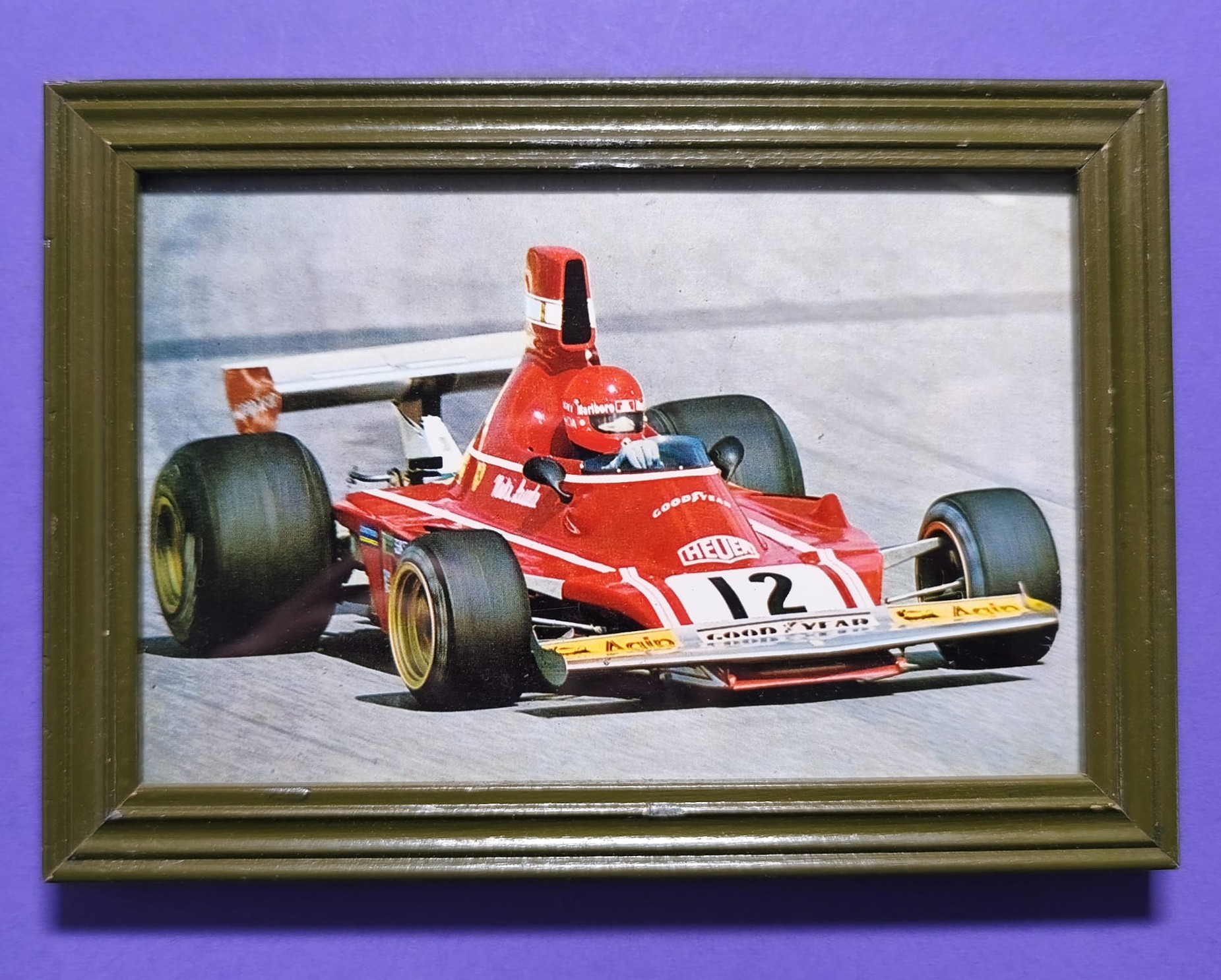 alte Postkarte in Bilderrahmen, Niki Lauda, Ferrari, Formel 1 Grand Prix 1974, 12x17x1cm