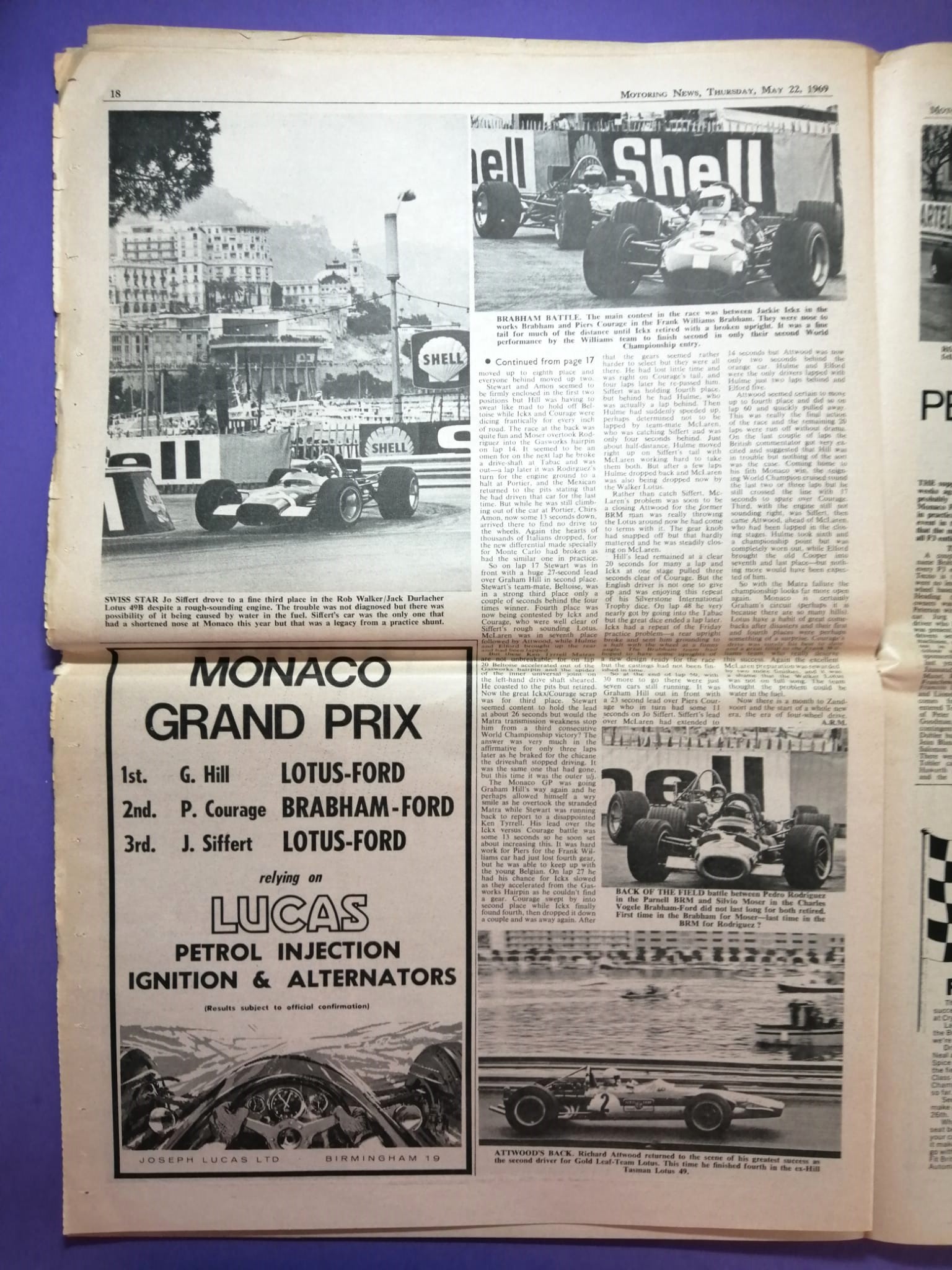 RARITÄT! alte Zeitung, Motoring News, 22. Mai 1969, G. Hill, Lotus, Sieger Formel 1 Monaco, R. Peterson Formel 3, Mini Cooper, Mikkola, Rallye,.. Englisch
