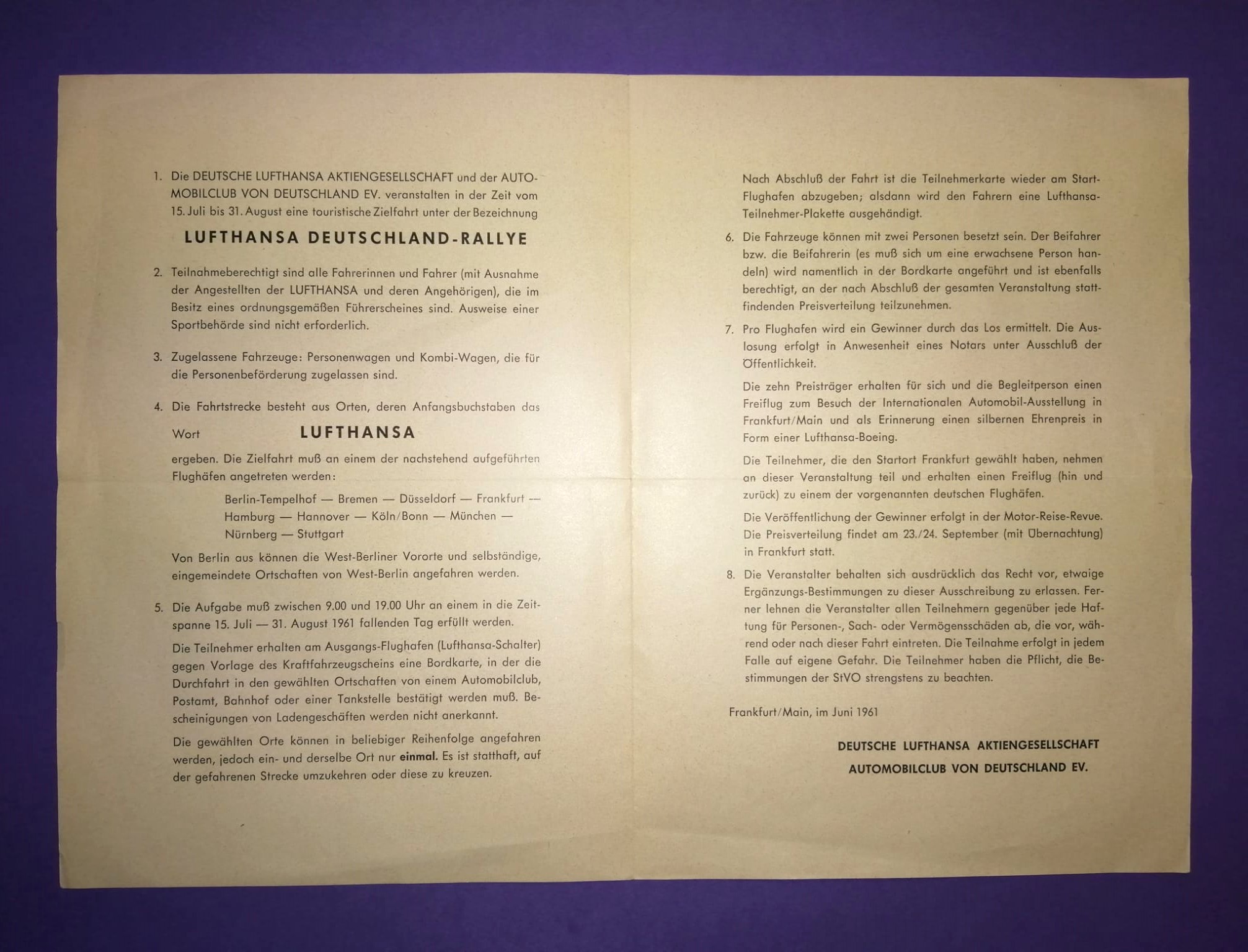 sehr alte Ausschreibung, Lufthansa Rallye Deutschland 1961, 1 Blatt 