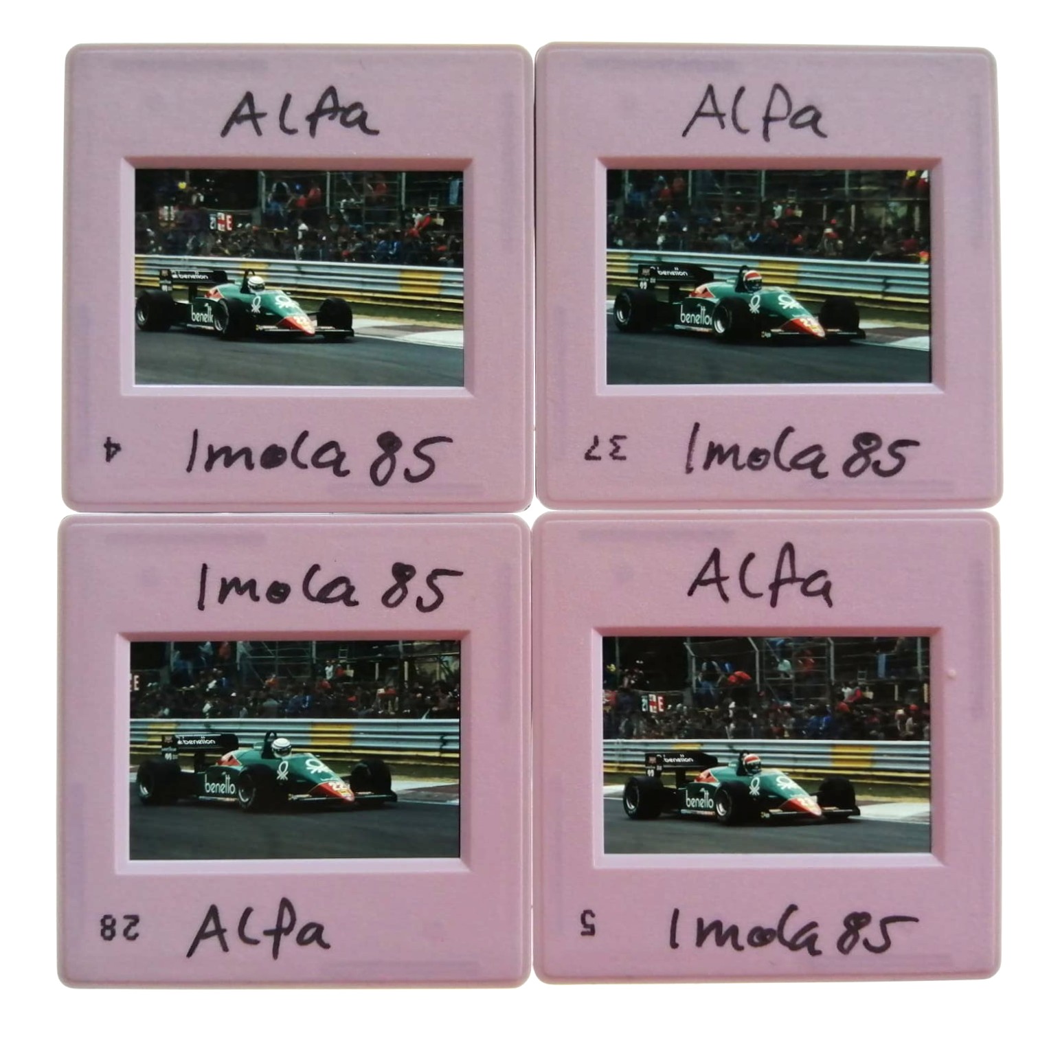 4 Stück alte Presse Foto DIAs, Alfa-Romeo, Eddie Cheever, Riccardo Patrese, Formel 1 Grand Prix San Marino Imola 1985, 5x5cm 